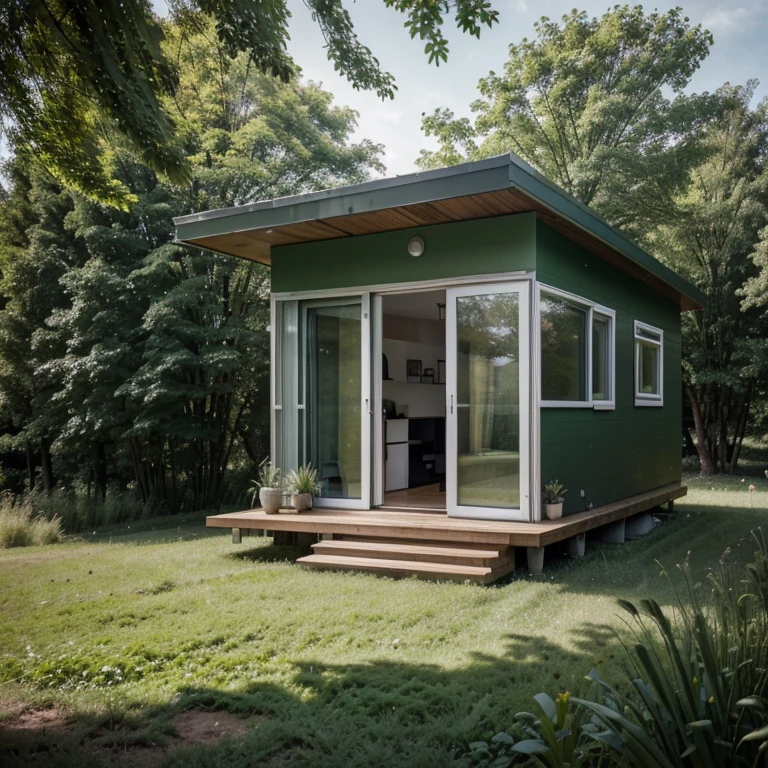 Modern architecture, small 2-storey house in the field, lake in front of the door, green forest, Canon camera photos, material details,Modern architecture, small 2-storey house in the field, lake in front of the door, green forest, Canon camera photos, material details,