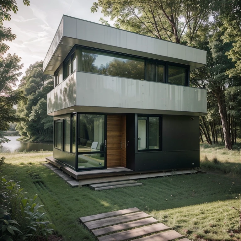Modern architecture, small 2-storey house in the field, lake in front of the door, green forest, Canon camera photos, material details,Modern architecture, small 2-storey house in the field, lake in front of the door, green forest, Canon camera photos, material details,