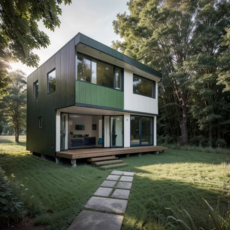 Modern architecture, small 2-storey house in the field, lake in front of the door, green forest, Canon camera photos, material details,Modern architecture, small 2-storey house in the field, lake in front of the door, green forest, Canon camera photos, material details,