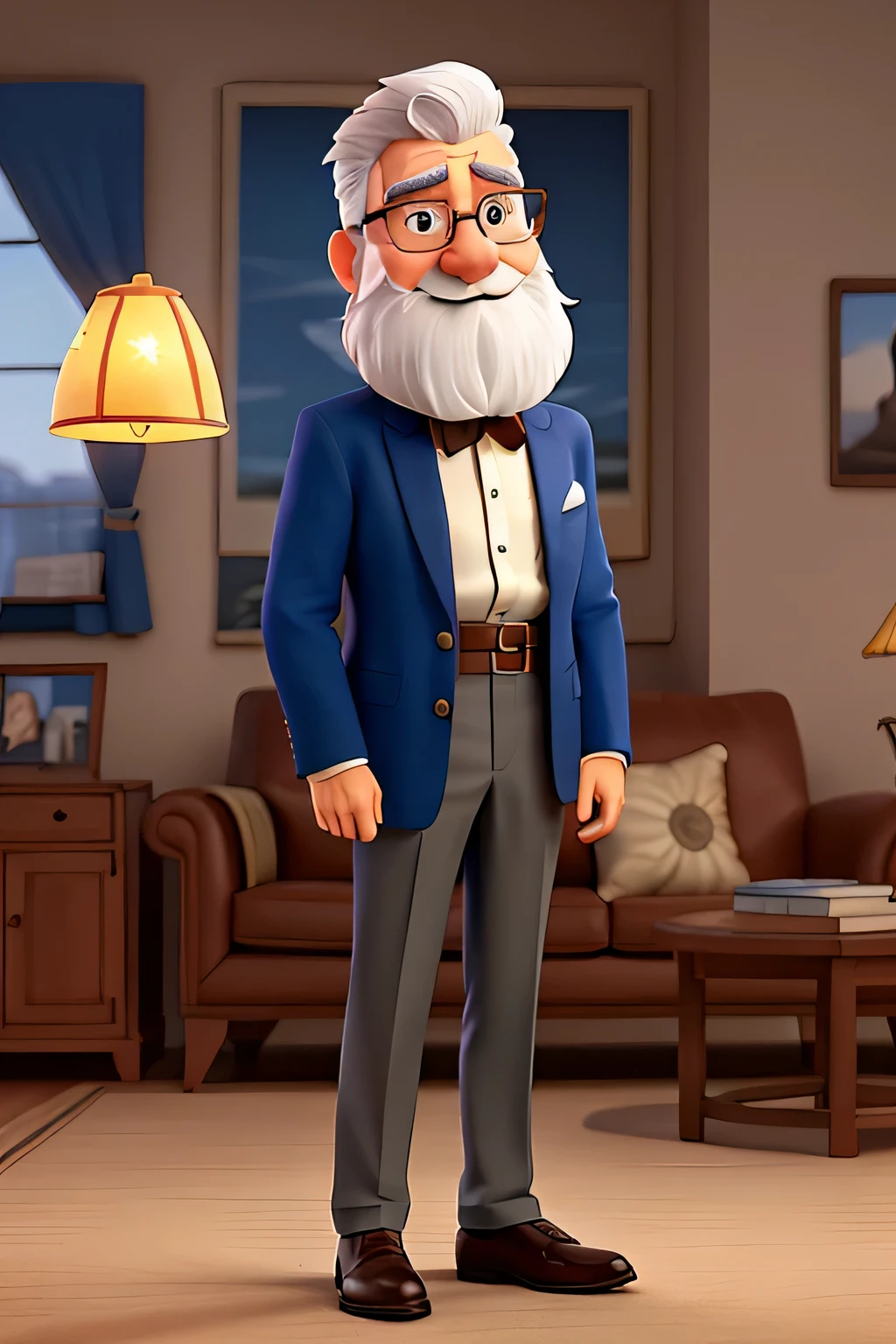 Imagine a seasoned gentleman, clad in a sharp suit and sporting a full beard and white hair, standing confidently with his arms crossed. The soft glow of a nearby lamp casts an alluring light upon his face, highlighting the wrinkles etched from years of wisdom. His piercing blue eyes fixate on the viewer with an air of authority and expertise, exuding an aura of trust and reliability. With an impeccably tied bow tie and polished shoes, this character embodies the essence of experience and excellence. Whether he's selling a top-of-the-line product or offering invaluable advice, this advertising guru is sure to captivate and persuade