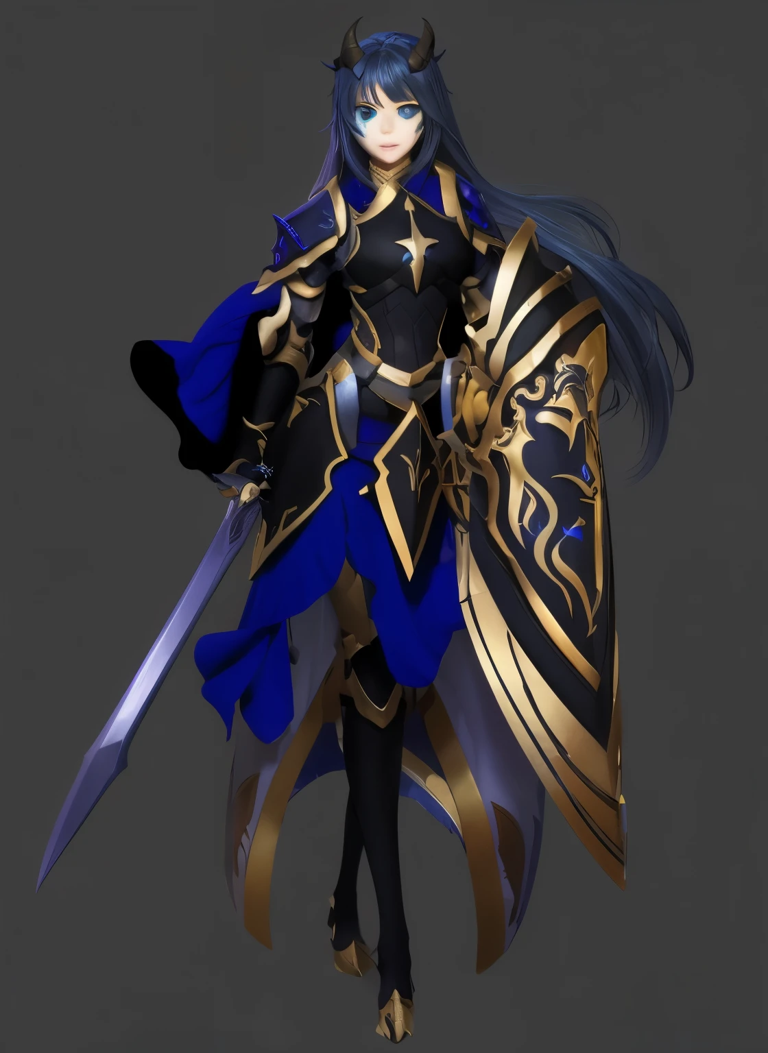 female paladin, dragon girl, black and gold armor, long hair, horns, scales, teal eyes