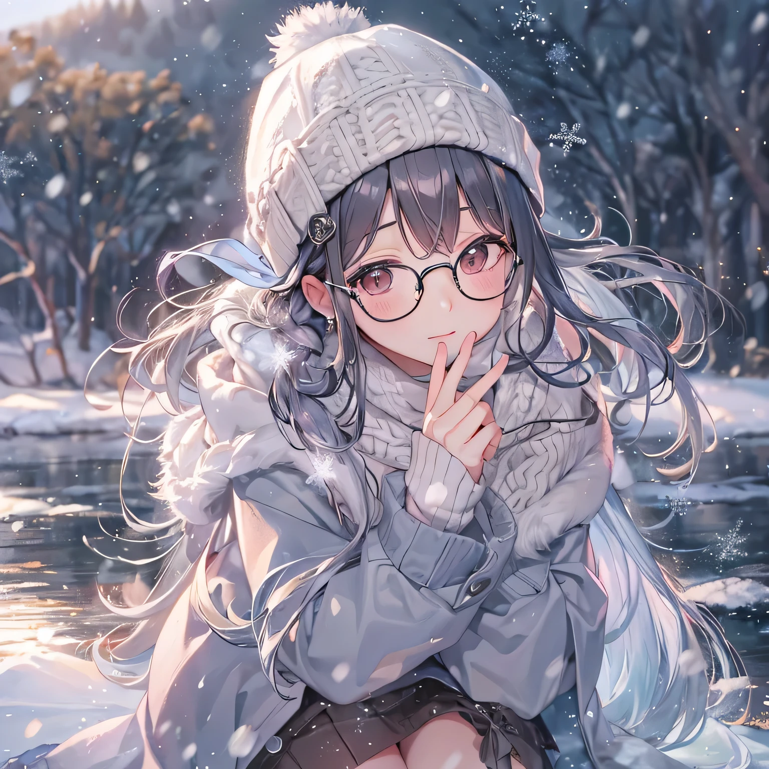 ((masterpiece、highest quality、detailed))、4k、8k、Haigress、(Glasses),(beautiful black hair,transparent hair, translucent hair:1.2),(silky hair, shiny hair, Braid:1.3),messy hair、knit hat、(beautiful brown eyes, translucent eyes:1.1)、Scarf、sweater、asymmetric skirt、pantyhose、coat、girl sitting、slight smile、mature、very detailed beautiful girl、big breasts、((sunlight、shine、snow scenery、snow、frozen lake、sparkling lake))