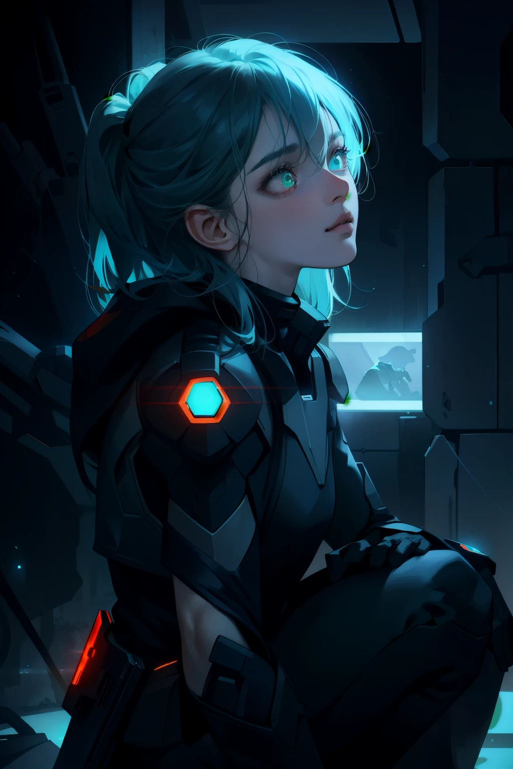 (grainy:0.5), cinematic,girl, space, serious, detailed eyes, detailed face, detailed futuristic clothes, lights in clothes, (aiming gun:1.1), (hiding:1.1), (squatting, looking to side:1.1), volumetric lighting, isolation, horror, dark lighting, red bioluminescent details, green bioluminescent details, blue bioluminescent details