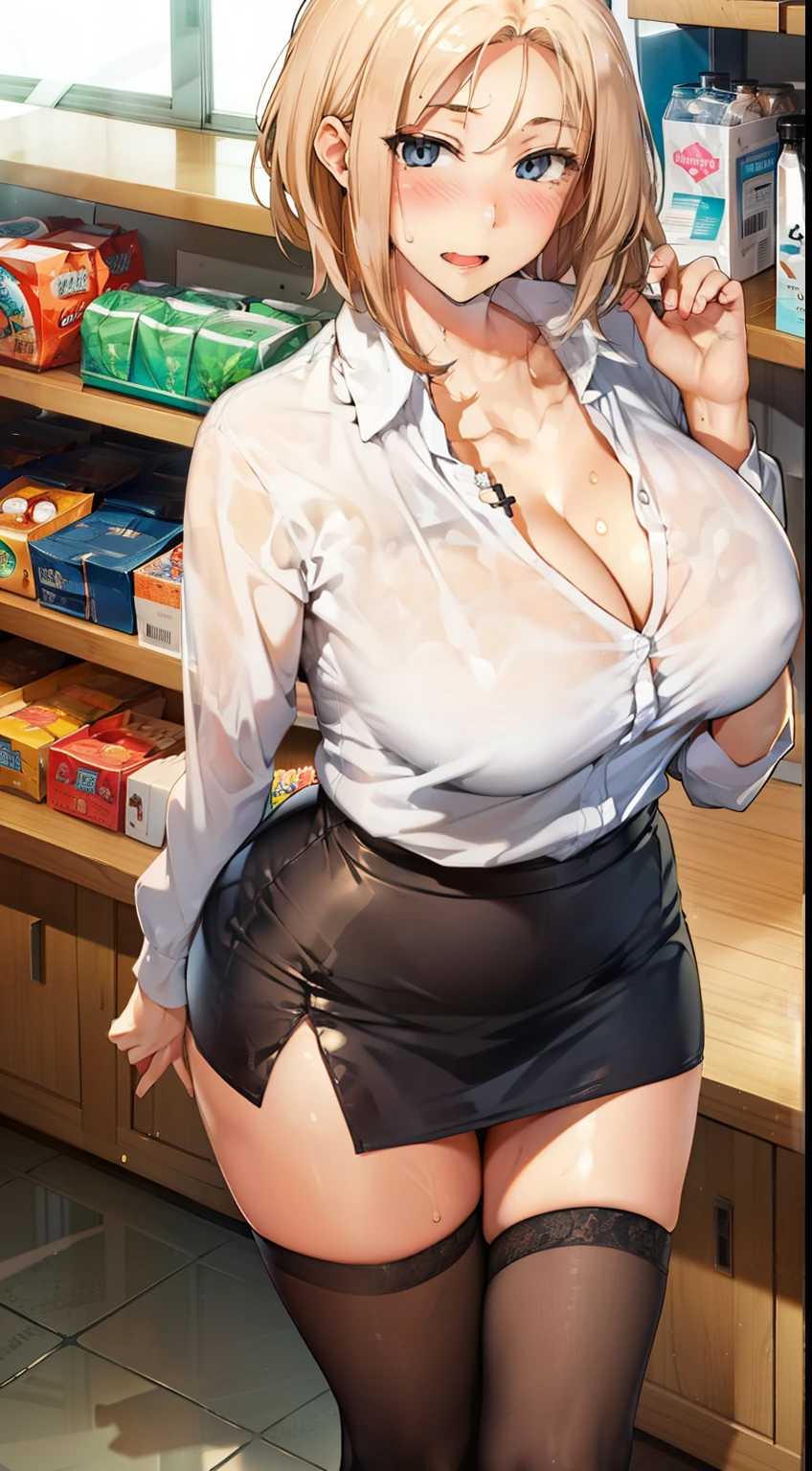 (become familiar with, masterpiece, highest quality, Complex),

cowboy shot, Kyoka Tachibana,

big breasts, 
1 girl, alone, At a convenience store,
cute eyes, beautiful face, perfect round butt, 
fit and body, female pervert,

The jacket is a cute thin shirt, The cleavage is exposed, Beautiful woman in white shirt and miniskirt, super mini tight skirt, smile, 

black high-heels, Thighhighs, black_leg wear,

early teens, alone, pale skin,
blue eyes, ((beautiful mature woman)),
no_bar,

enchanting smile, naughty face, Sweat, vapor, embarrassed, blush, Excited, (spoken heart),

Are standing, Best Sexual Poses, cover the crotch,

(At a convenience store), Near the Ocean shore, (window, Ocean, null, cloud, Day), summer, indoor, perspective, bright lighting, Shelves with lots of products, white wall,