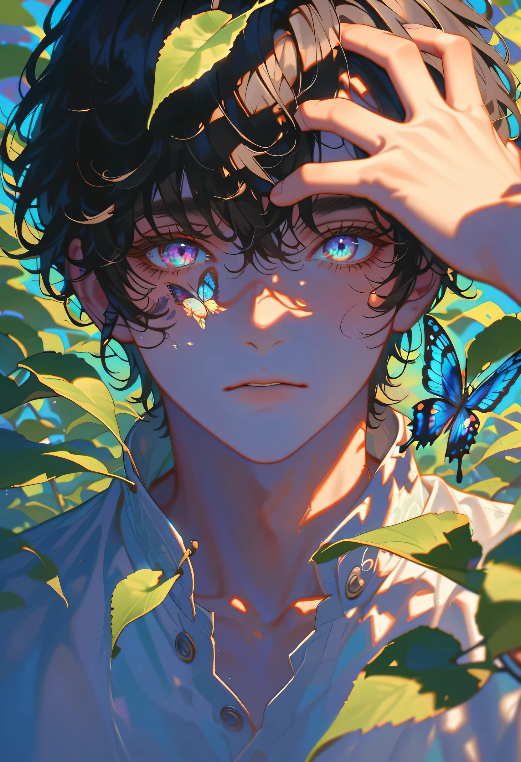 Style 9，boys，Cover one eye with a leaf，butterfly falls on eyes