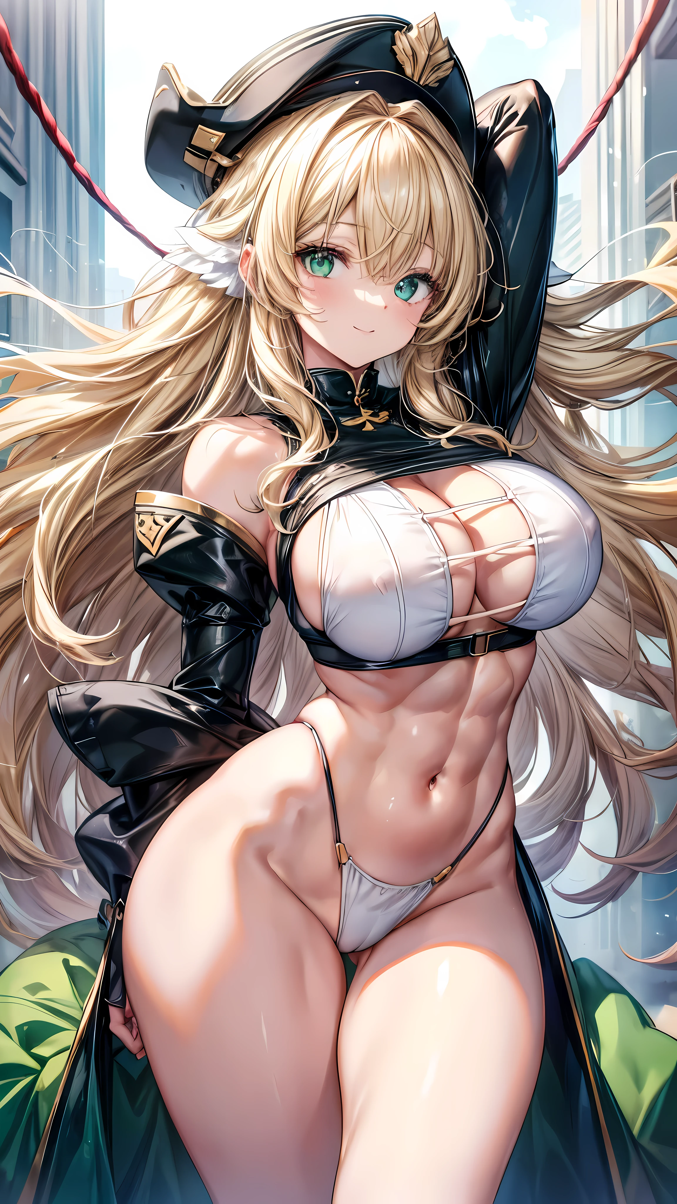 ultra-detailed、sensual, ((long blonde curly hair)), thick thighs, 8K, 4k, highest quality, High resolution:1.2), cute anime face, noise reduction, ((Glowing green eyes, gentle smile, kind eyes))、toned abdominal muscles, muscular arms, muscular legs,  young face, anime eyes, (((big breasts、A chest that is about to burst)))、(((bondage style)))、(((Rear view、I&#39;ll turn around、emphasize the buttocks、T-back that digs into your butt)))、(((white string:1.5)))