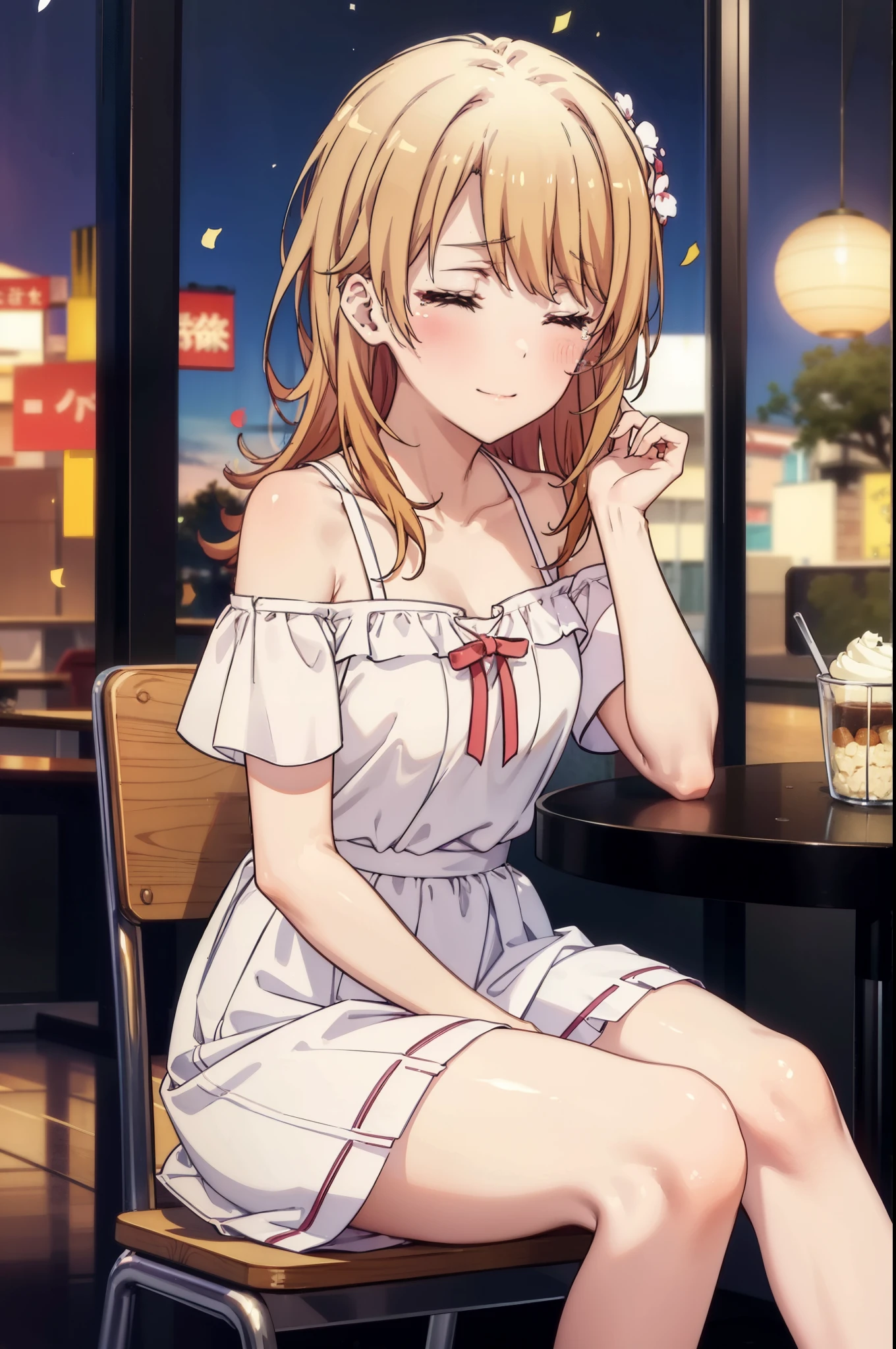 irohaisshiki, iroha isshiki, long hair, brown hair, smile,blush,open your mouth,close both eyes,tears run down her face,I&#39;m crying with joy,cry a lot,white off shoulder dress,bare clavicle,bare shoulders,naked neck,long skirt,stiletto heels,A large cake and food are placed on the table.,sitting in a chair,confetti,ロマンチックな雰囲気
break indoors, A restaurant with a beautiful night view,
break looking at viewer,
break (masterpiece:1.2), highest quality, High resolution, unity 8k wallpaper, (figure:0.8),  highly detailed face, perfect lighting, Very detailed CG, (perfect hands, perfect anatomy),