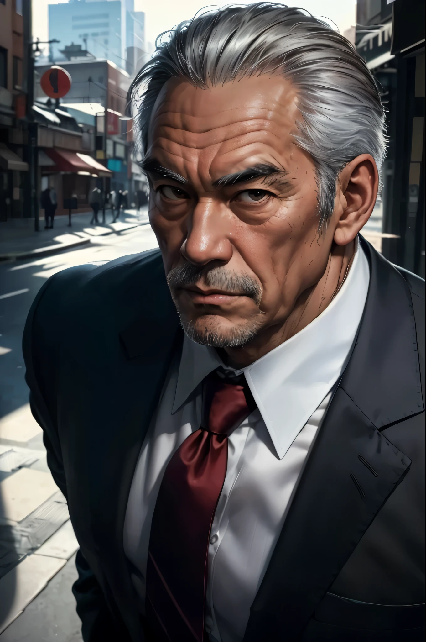 (RAW photo), (Realistic), (photo-realistic), ultra high resolution, masterpiece, highest quality, portrait, facial portrait, perfect lighting, detailed lighting, dramatic shadow, ray tracing, 1 Japanese old man, alone, tall and muscular man, broad shoulders, (((good looking))), very short hair, gray hair, brown eyes, square jaw, thick neck, thick eyebrows, the high noon view of the city background, Formal suit, tie, Upper body