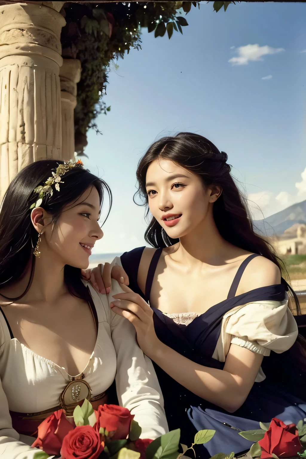 Giorgione painting style,Arguments of two female Philosophe,math、astronomical machine、astronaut、roses in vase、fruits、Cute trinkets、smile、ancient greek costume、Ancient Roman landscape in the style of Nicolas Poussin,laughter,,Sweet and seductive appearance.、Caravaggio's paintings、Chiaroscuro of Caravaggio、hair tousled by the wind,Two women frolicking,cute smile, expression of ecstasy,Sexy,erotic