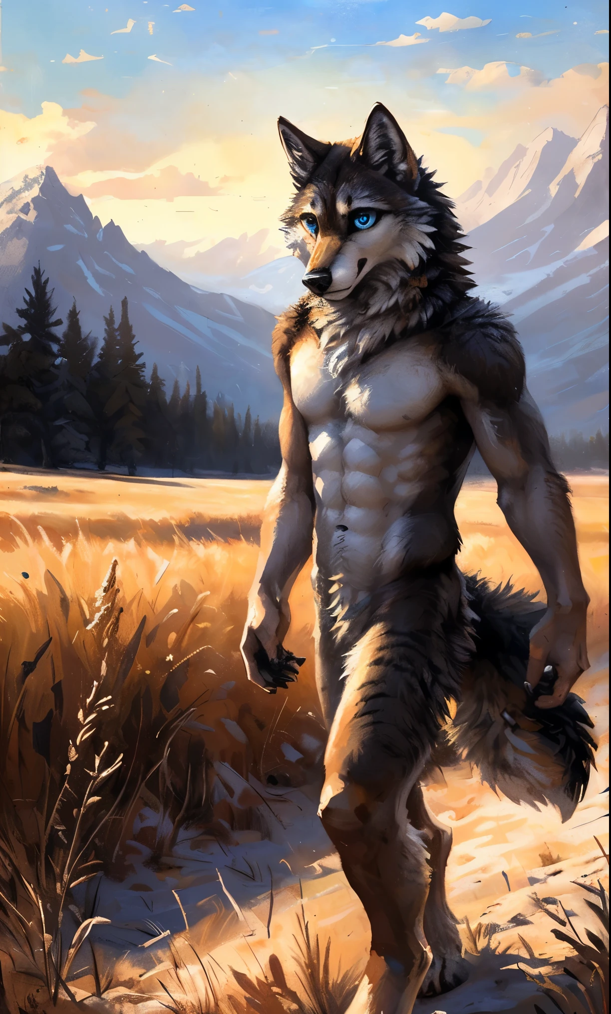 ((Solo)), male people, anthro wolf, (Multi-colored fur, White-brown:1.3,White tail pointed), (Height 2.1m,Tail length 1.5m), ((Wolf face, Big eyes, White eyelids, Blue pupil, Slim:1.2) (Tough, Calm expression:1.2)), Abs, Slim, pinging)), (Correct anatomy), Naked all over the body,A long big tail,Feet,(Realistic fur, Detailed fur texture, labeled:1.3)), (Natural lighting), Photorealistic, Hyperrealistic, ultradetailed, by Kenket,Snowfield,No artifacts, Walking