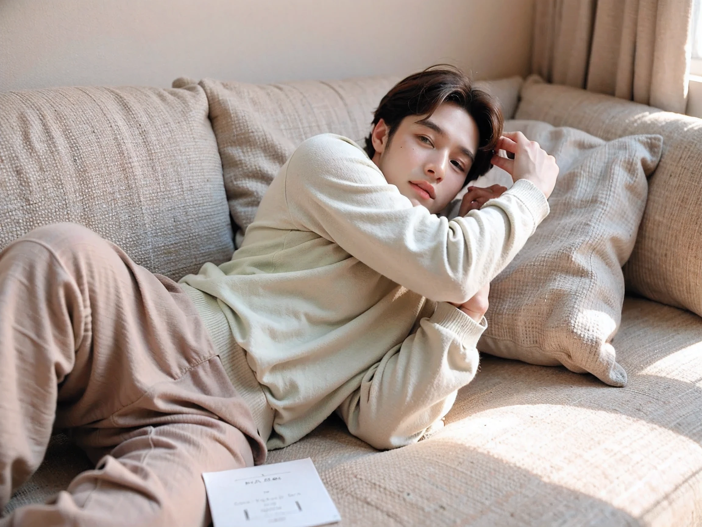 Realistic Photography, Handsome Men ,Brown loose pants clothing , nap on the sofa,living room