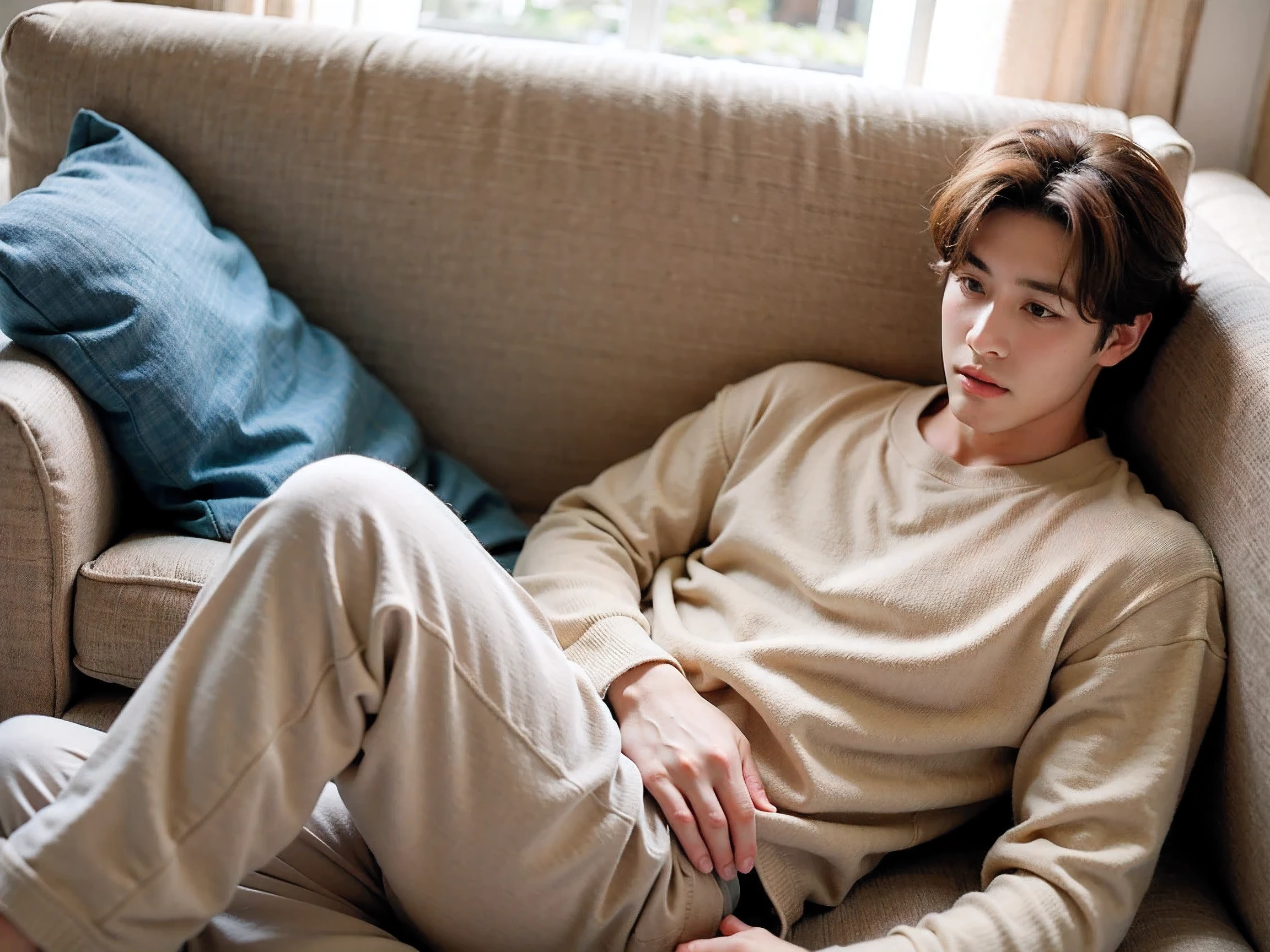 Realistic Photography, Handsome Men ,Brown loose pants clothing , nap on the sofa,living room