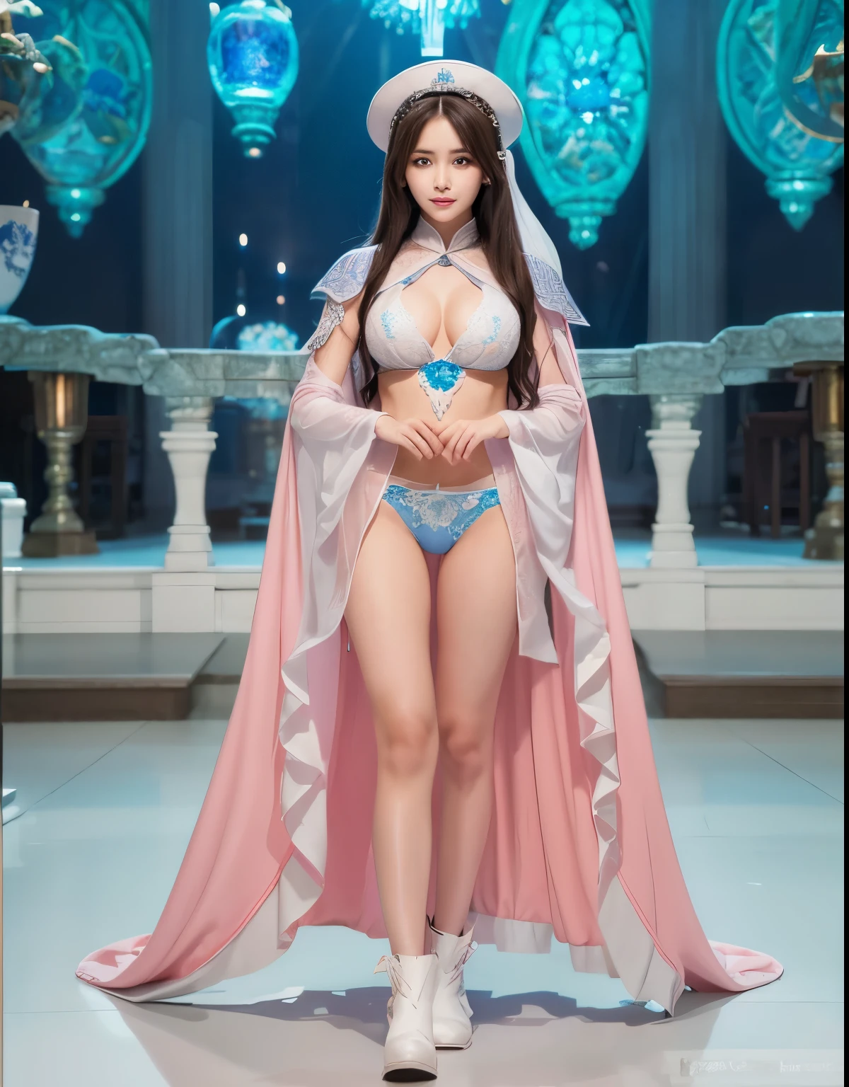 beautiful and delicate woman,The details of the eyes and face are very rich, exquisite eyes, super detailed, High resolution, The content is very detailed,best quality,EnLightenment,Unite,8k wallpaper,masterpiece,best quality,imagine,1 girl,China costume, Wear sexy blue bikini armor,metal style, big breasts, high-cut underwear, 盔甲有圖案metal style的, Big blue priest cloak,priest hat,standing posture,long legs,Put on powder blue and white boots,look at the audience,Face the audience,flowing long hair,Surreal 8000g,Impeccable,masterpiece,professional artwork,famous artwork,Light,movie bloom,perfect face,pretty face,fantasy,Dreamy and magical,not real,intricate details,Exquisite pattern…Korean woman’s face