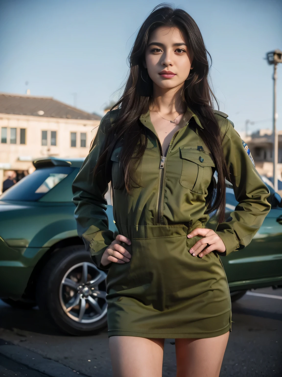 8k, highest quality, ultra detailed:1.37), Eliana, 18yo, a beautiful Israeli girl, proudly stands in a military uniform, representing her role as a soldier. She wears a fitted olive green dress. The high-resolution image captures ultra-detailed realism, highlighting Eliana's determined expression, piercing eyes, and confident stance. The backdrop showcases an Israeli military base, adding to the authenticity and significance of the image.