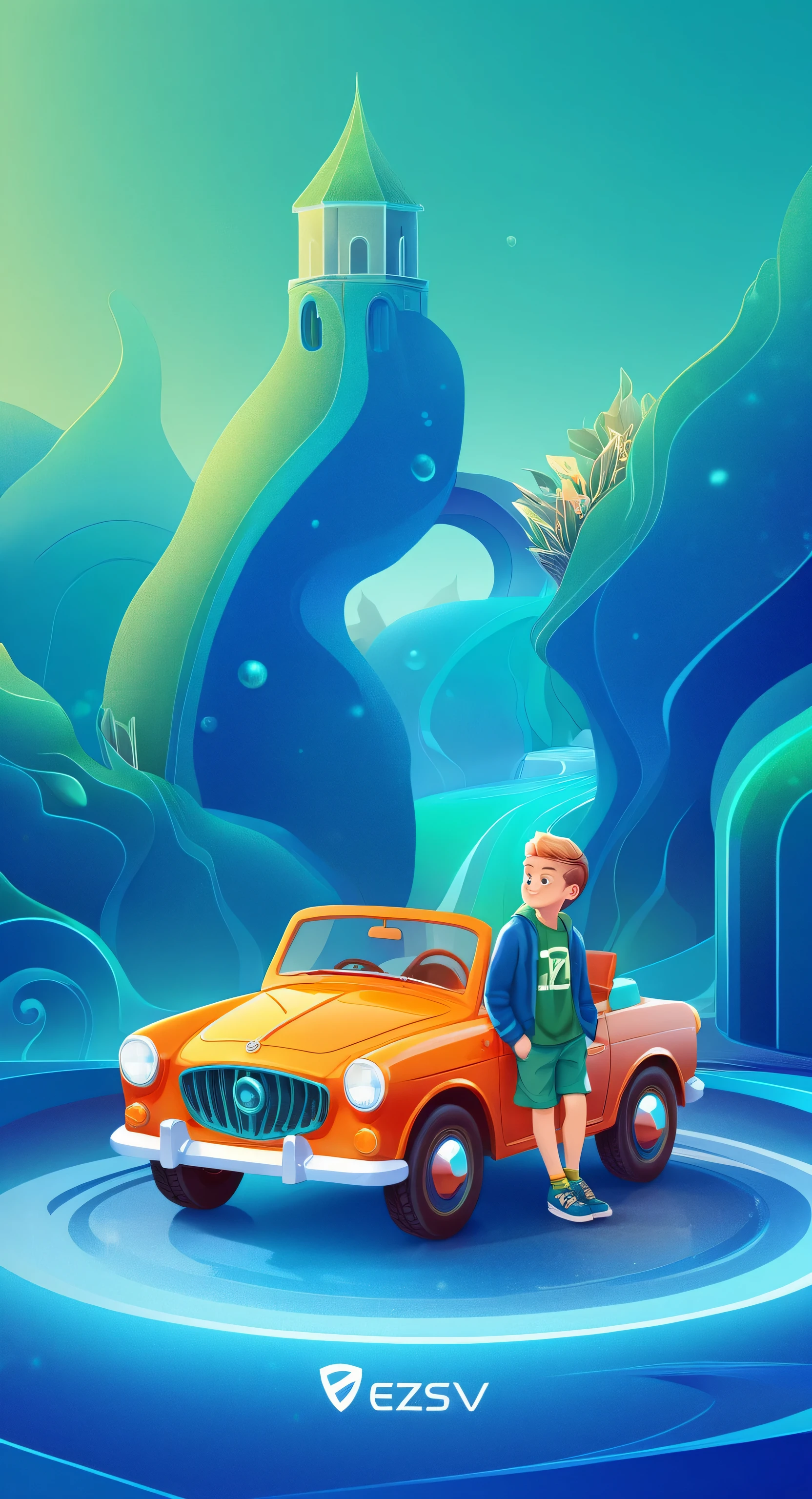 a work of art, car, 2D game art style, Distinctive boy, Dmitry Vishnevsky, Dark blue and emerald green, Technology and Fantasy, editorial illustration, Zeiss Batis 18mm f/2.8