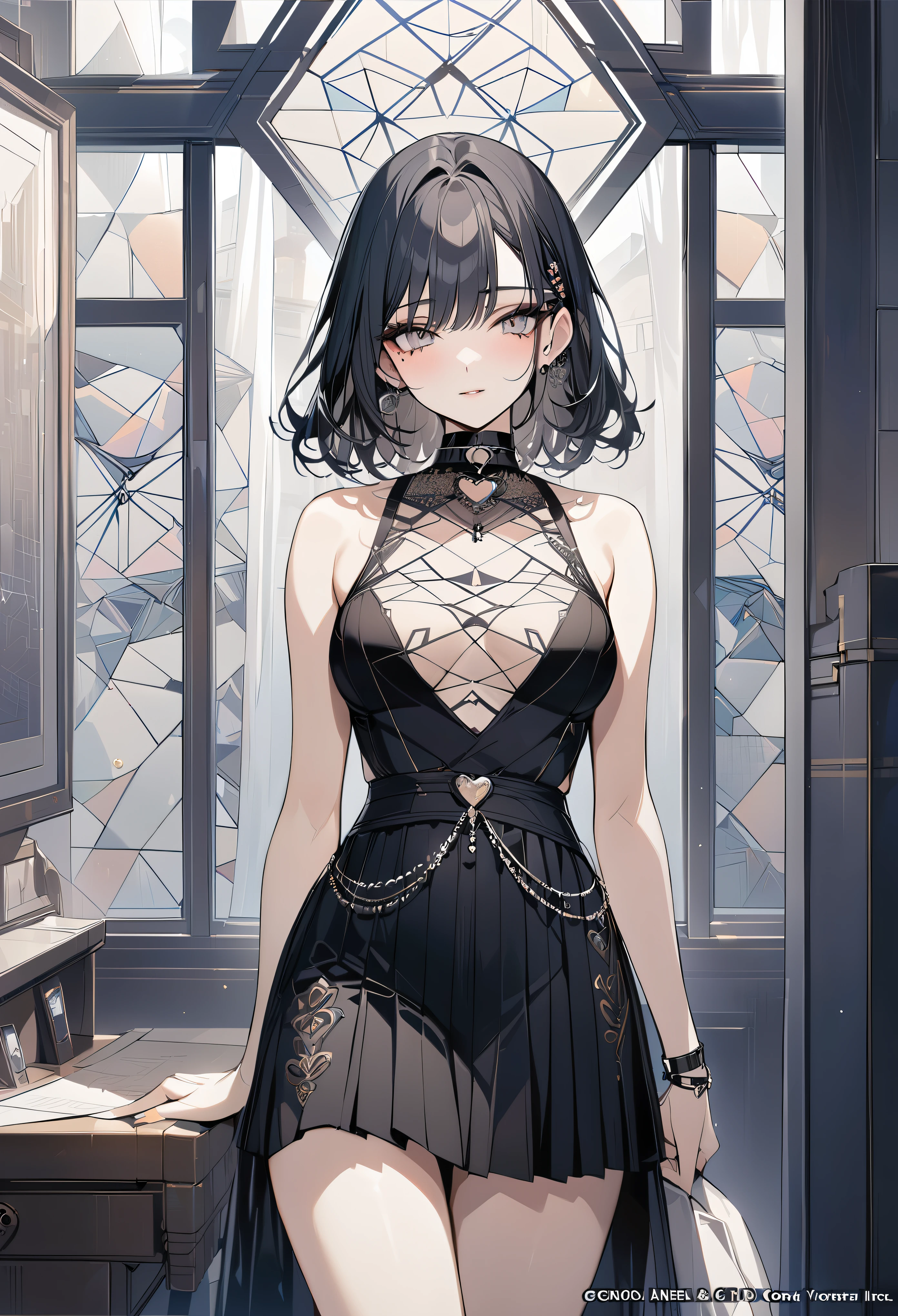 ,beautiful flower々),mole under eye, heart shaped choker, (masterpiece, highest quality), official art, beautiful and aesthetic: 1.2), (1 girl), very detailed, (geometry art: 1.3), colorful