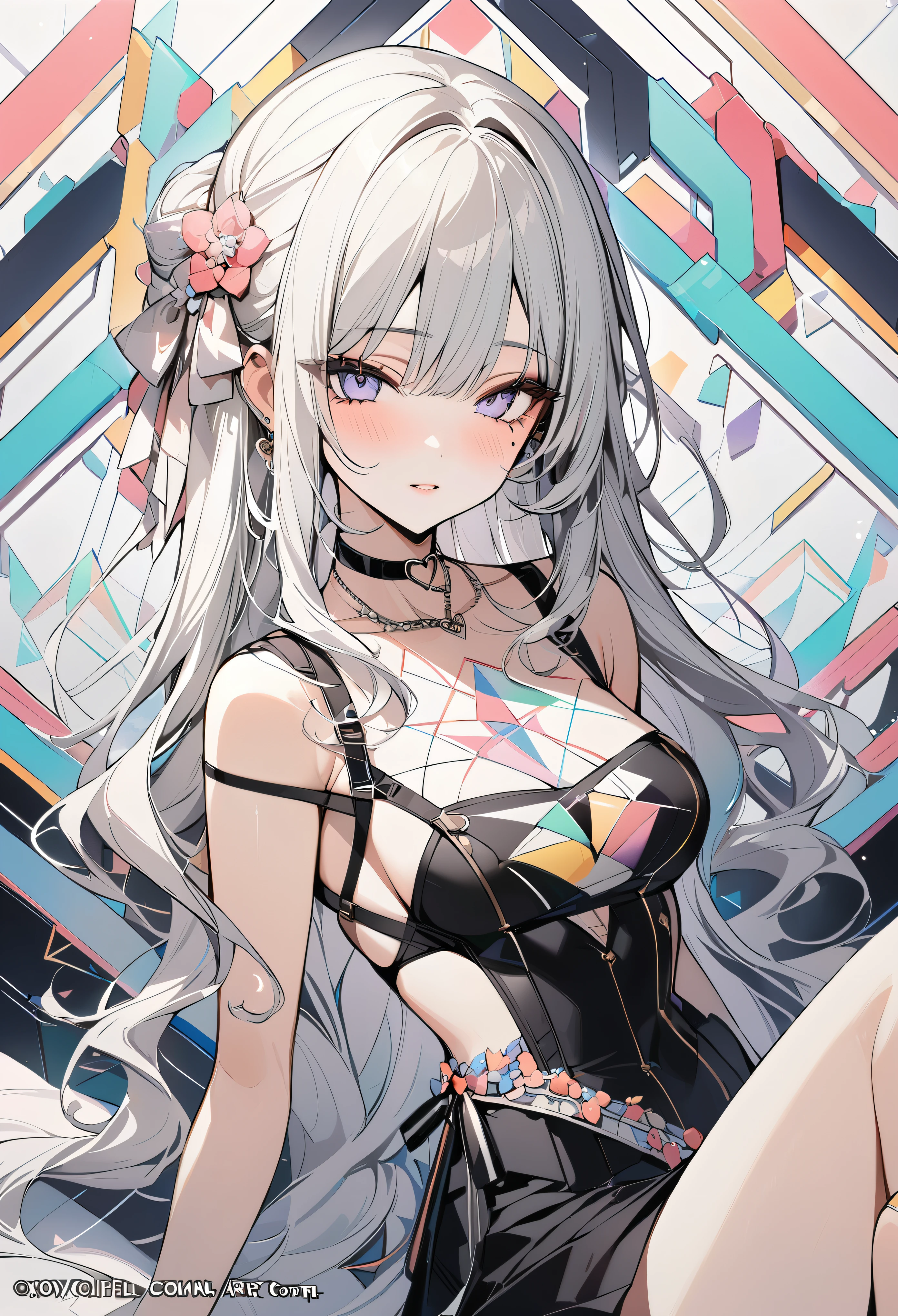 ,beautiful flower々),mole under eye, heart shaped choker, (masterpiece, highest quality), official art, beautiful and aesthetic: 1.2), (1 girl), very detailed, (geometry art: 1.3), colorful