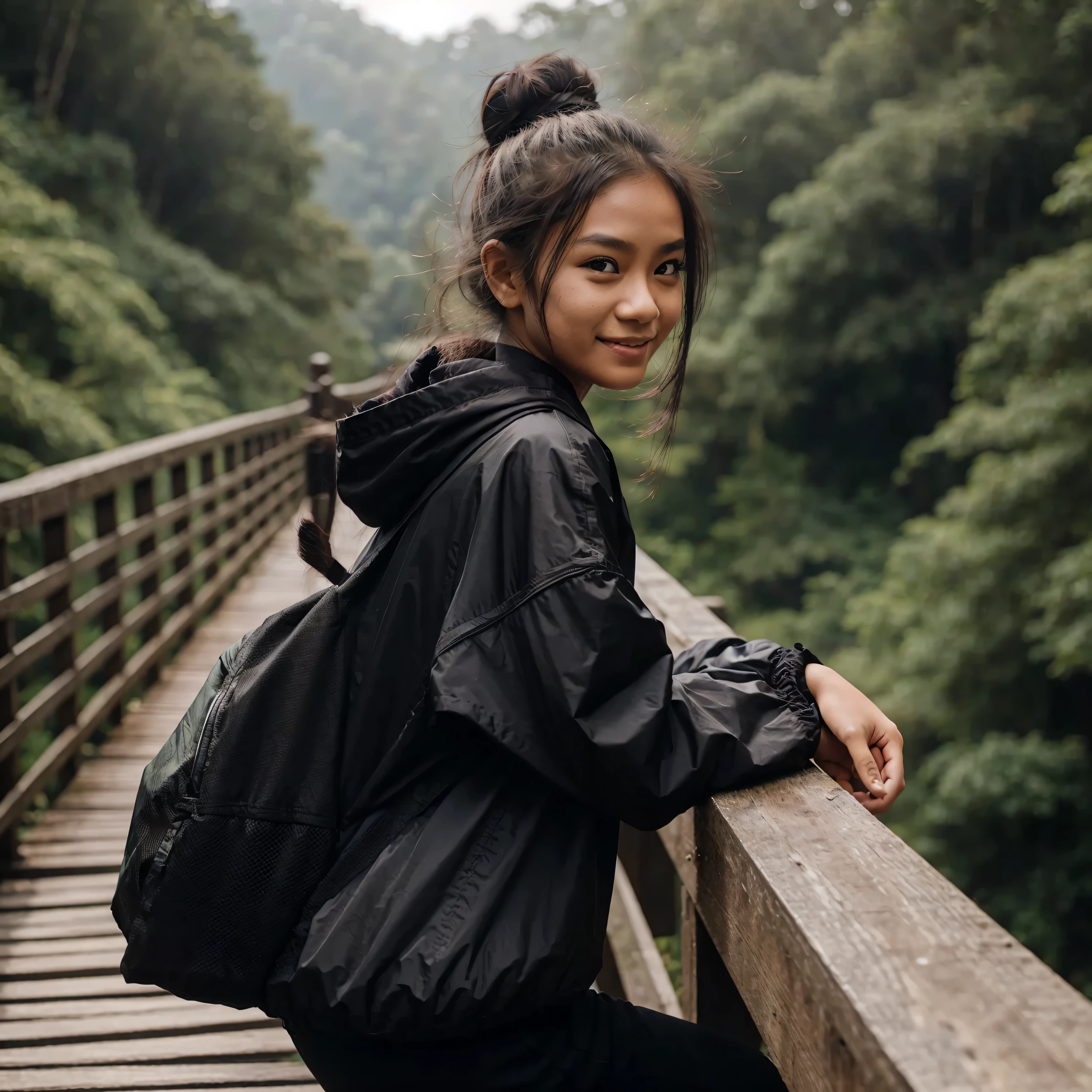 A indonesian girl with hair in a bun, wearing a Windbreaker Jacket top and black t-shirt and black pants, posing on a wooden bridge. He holds on to the railing and looks back at the camera with a smile. In the bridge and a lush green forest background