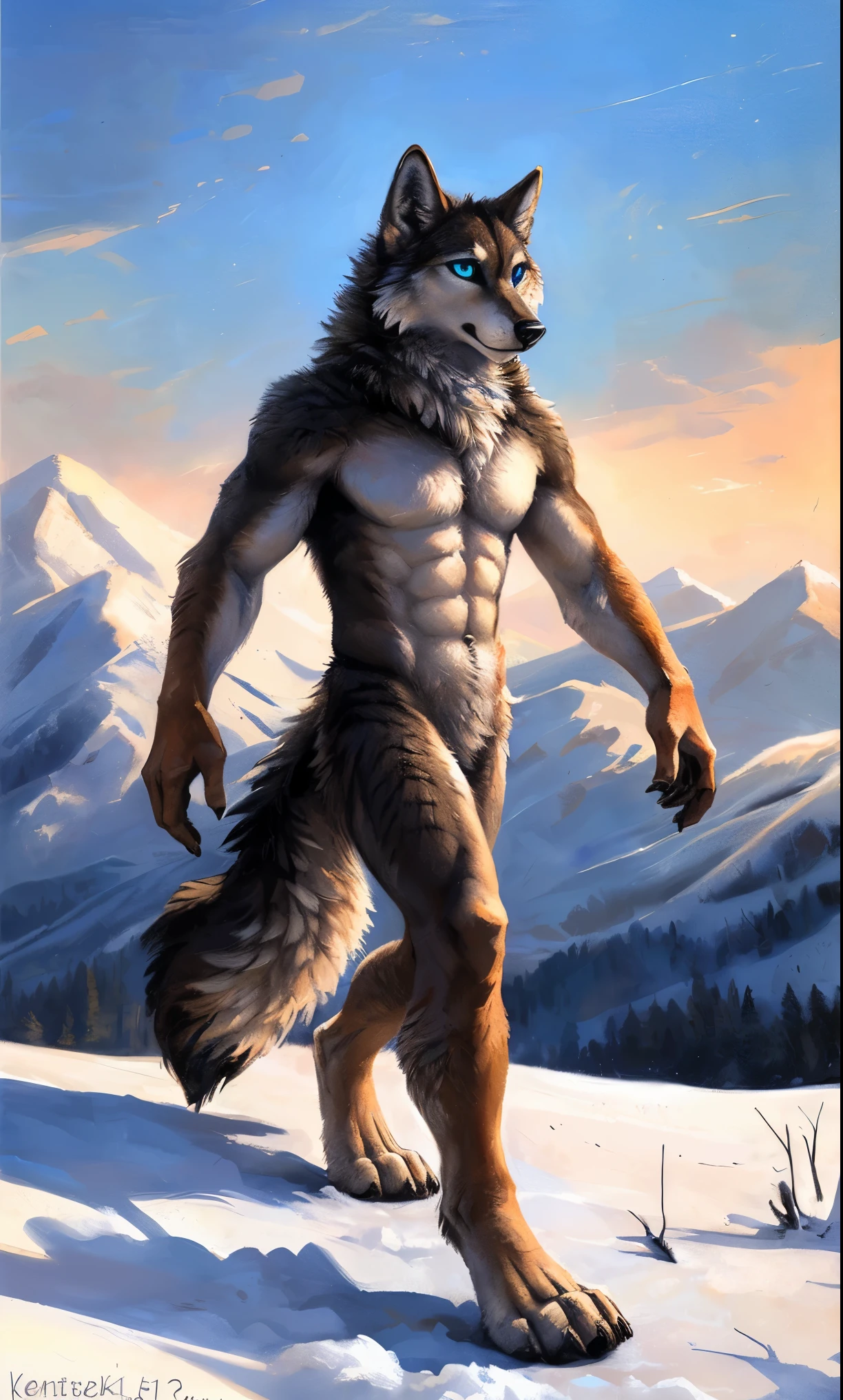 ((Solo)), male people, anthro wolf, (Multi-colored fur, White-brown:1.3，White tail pointed), (Height 2.1m,Tail length 1.5m), ((Wolf face, Big eyes, White eyelids, Blue pupil, Slim:1.2) (Tough, Calm expression:1.2)), Abs, Slim, pinging)), (Correct anatomy), Naked all over the body,A long big tail，Feet，(Realistic fur, Detailed fur texture, labeled:1.3)), (Natural lighting), Photorealistic, Hyperrealistic, ultradetailed, by Kenket，Snowfield，No artifacts, Walking