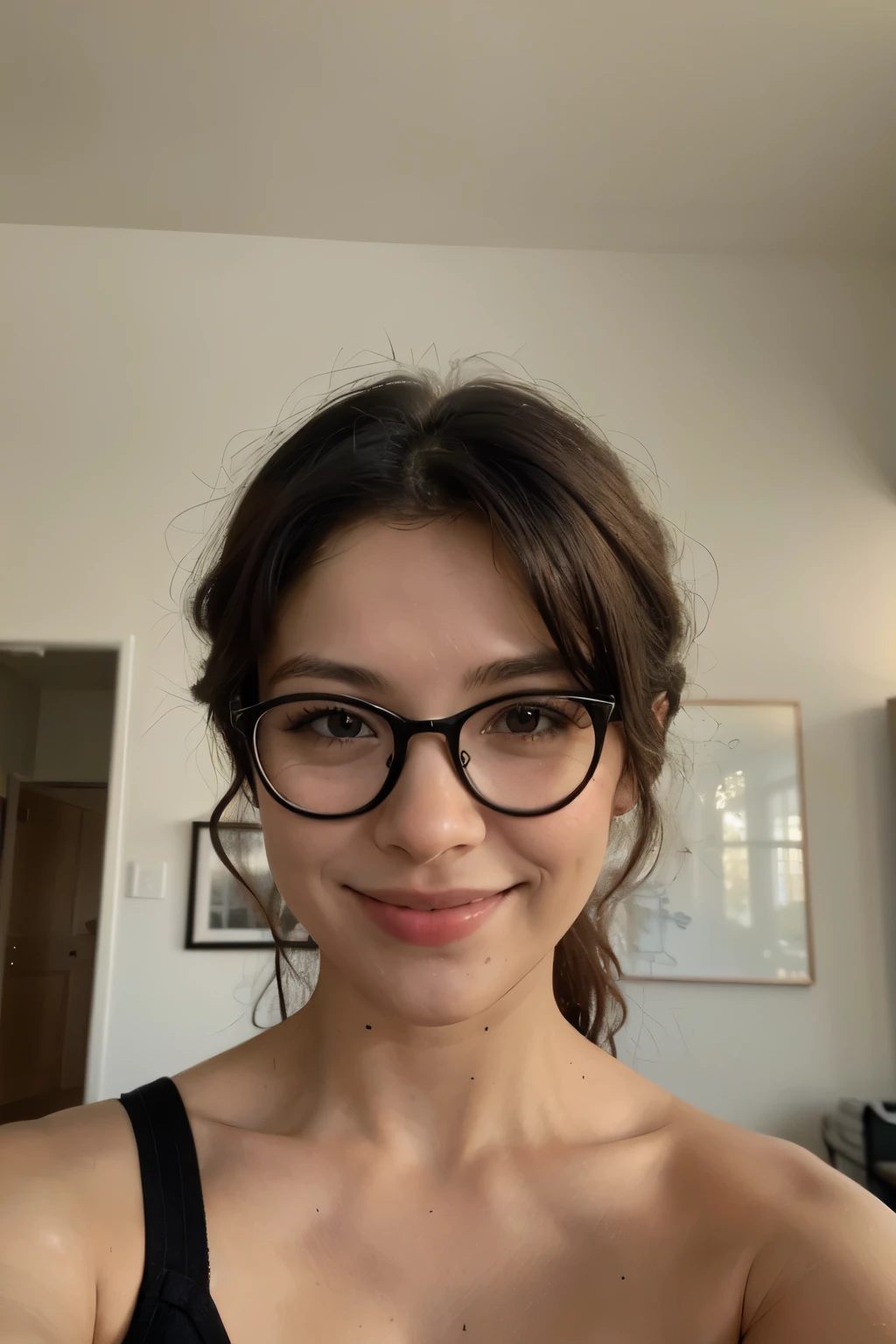 ((Melhor qualidade)), ((obra de arte)), (detalhado), rosto perfeito, brunette wears glasses wavy black hair dark brown eyes slightly flat nose beautiful smile