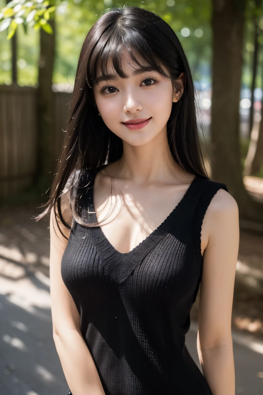 (highest quality,masterpiece:1.3,ultra high resolution),(Super detailed,caustics,8k),(realistic:1.4,RAW shooting),1 girl,(Look at the camera with a smile),20-year-old,、cute,Japanese,black hair、messy hair、face focus,Natural light,Lens flare,professional writing,thin eyebrows、flat bangs、perfect anatomy、A natural shadow、(modest chest:1.2)、natural shadow、(Black knitted dress:1.3)