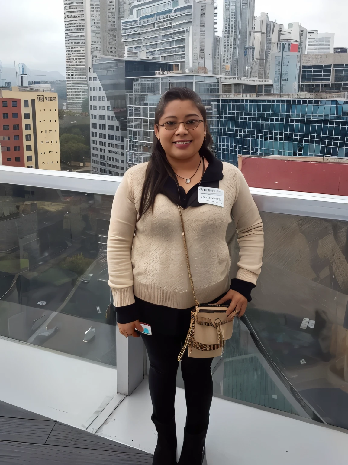 Woman standing on a balcony with a city view in the background - SeaArt AI