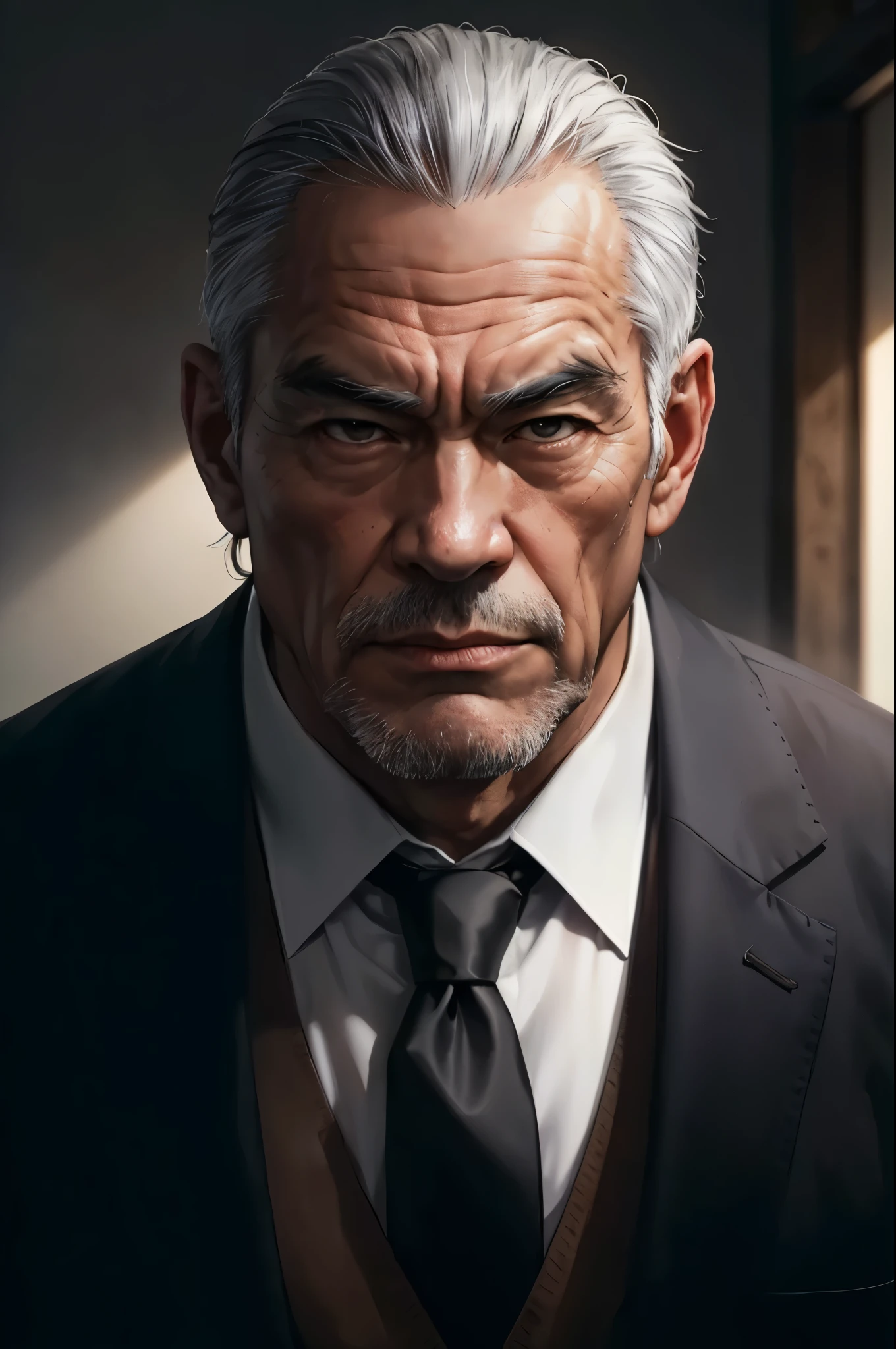 (RAW photo), (Realistic), (photo-realistic), ultra high resolution, masterpiece, highest quality, portrait, facial portrait, perfect lighting, detailed lighting, dramatic shadow, ray tracing, 1 Japanese old man, alone, tall and muscular man, broad shoulders, (((good looking))), very short hair, gray hair, brown eyes, square jaw, thick neck, thick eyebrows, the high noon view of the city background, Formal suit, tie, Upper body