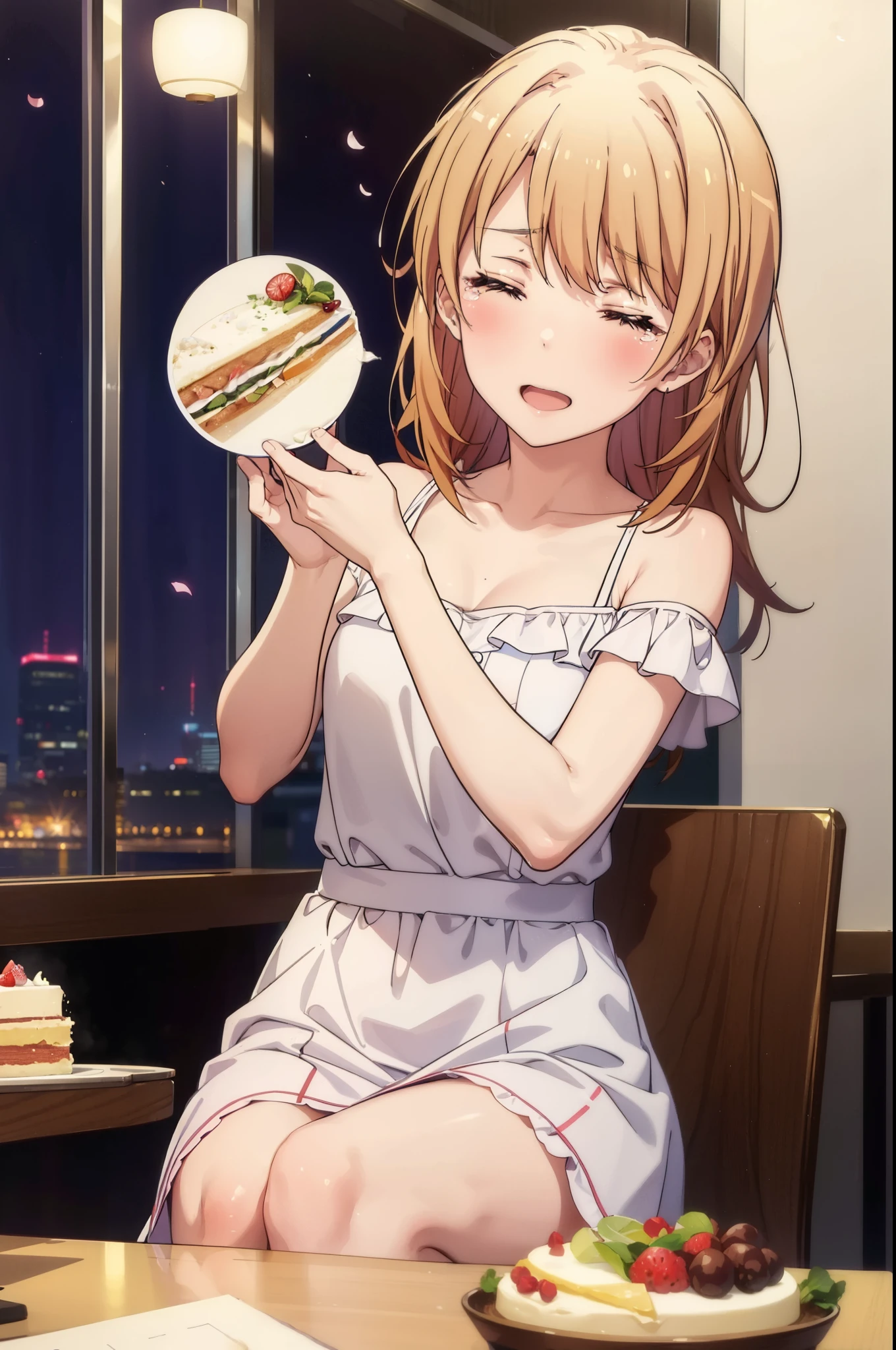 irohaisshiki, iroha isshiki, long hair, brown hair, smile,blush,open your mouth,close both eyes,tears run down her face,Crying with joy,cry a lot,white off shoulder dress,bare clavicle,bare shoulders,naked neck,long skirt,stiletto heels,A large cake, food, and ring case are placed on the table.,sitting in a chair,confetti,ロマンチックな雰囲気
break indoors, A restaurant with a beautiful night view,
break looking at viewer,
break (masterpiece:1.2), highest quality, High resolution, unity 8k wallpaper, (figure:0.8),  highly detailed face, perfect lighting, Very detailed CG, (perfect hands, perfect anatomy),