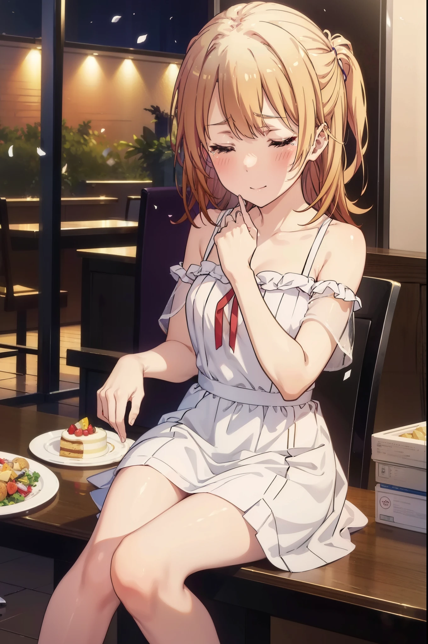 irohaisshiki, iroha isshiki, long hair, brown hair, smile,blush,open your mouth,close both eyes,tears run down her face,Crying with joy,cry a lot,white off shoulder dress,bare clavicle,bare shoulders,naked neck,long skirt,stiletto heels,A large cake, food, and ring case are placed on the table.,sitting in a chair,confetti,ロマンチックな雰囲気
break indoors, A restaurant with a beautiful night view,
break looking at viewer,
break (masterpiece:1.2), highest quality, High resolution, unity 8k wallpaper, (figure:0.8),  highly detailed face, perfect lighting, Very detailed CG, (perfect hands, perfect anatomy),