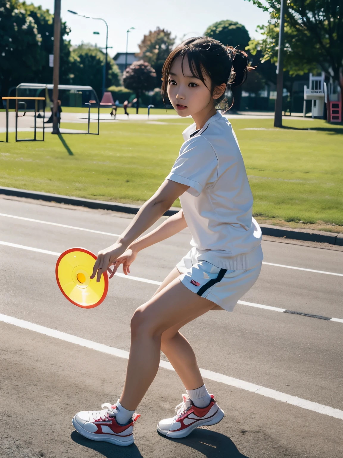 An Asian girl plays Frisbee on the playground,white sneakers,reality,clear