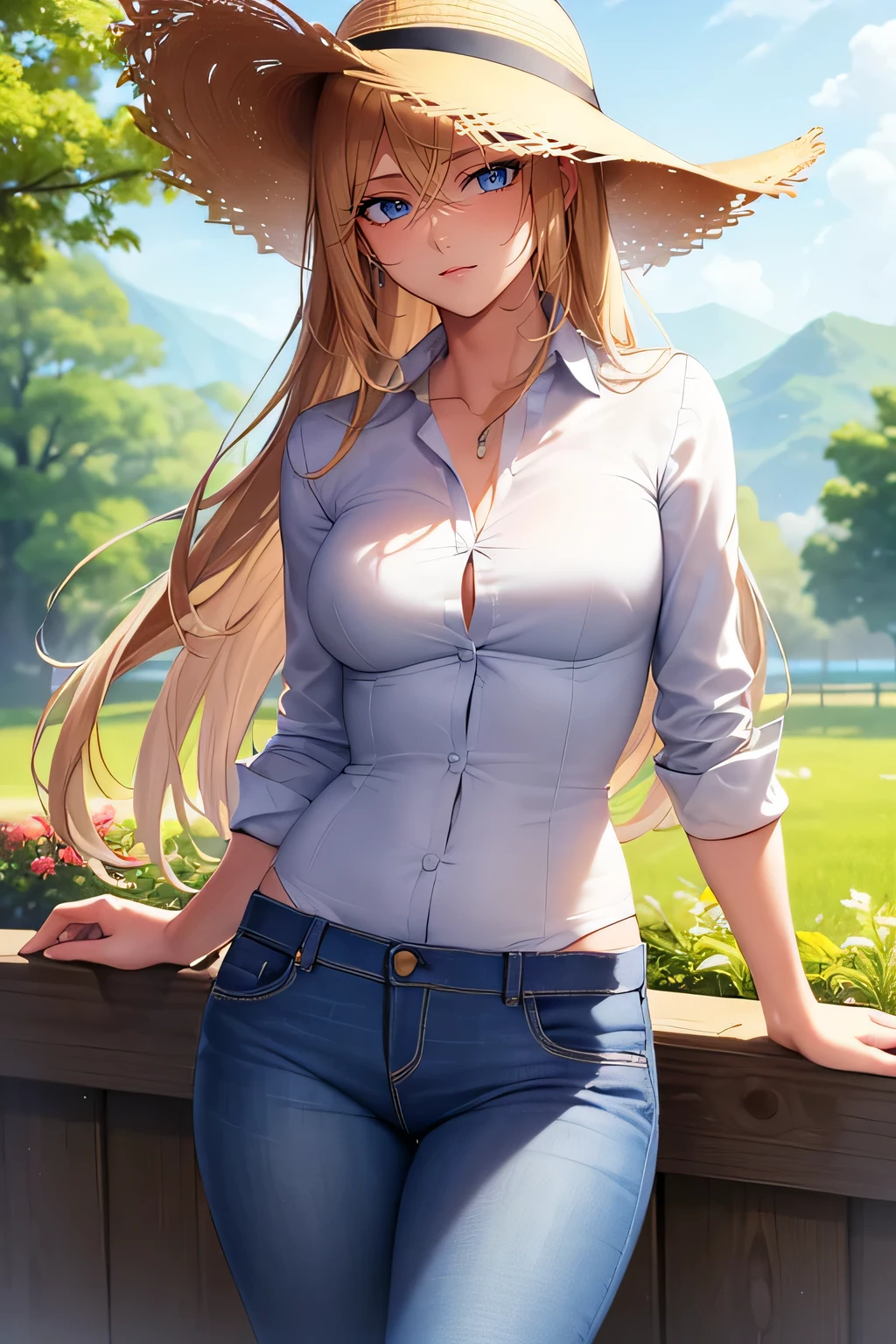 ((Masterpiece, best-quality, ultra detailed, good eyes)), female, fair skin, long straight blonde hair, blue eyes, athletic, muscular, farmer, jeans, flannel button up shirt, straw hat