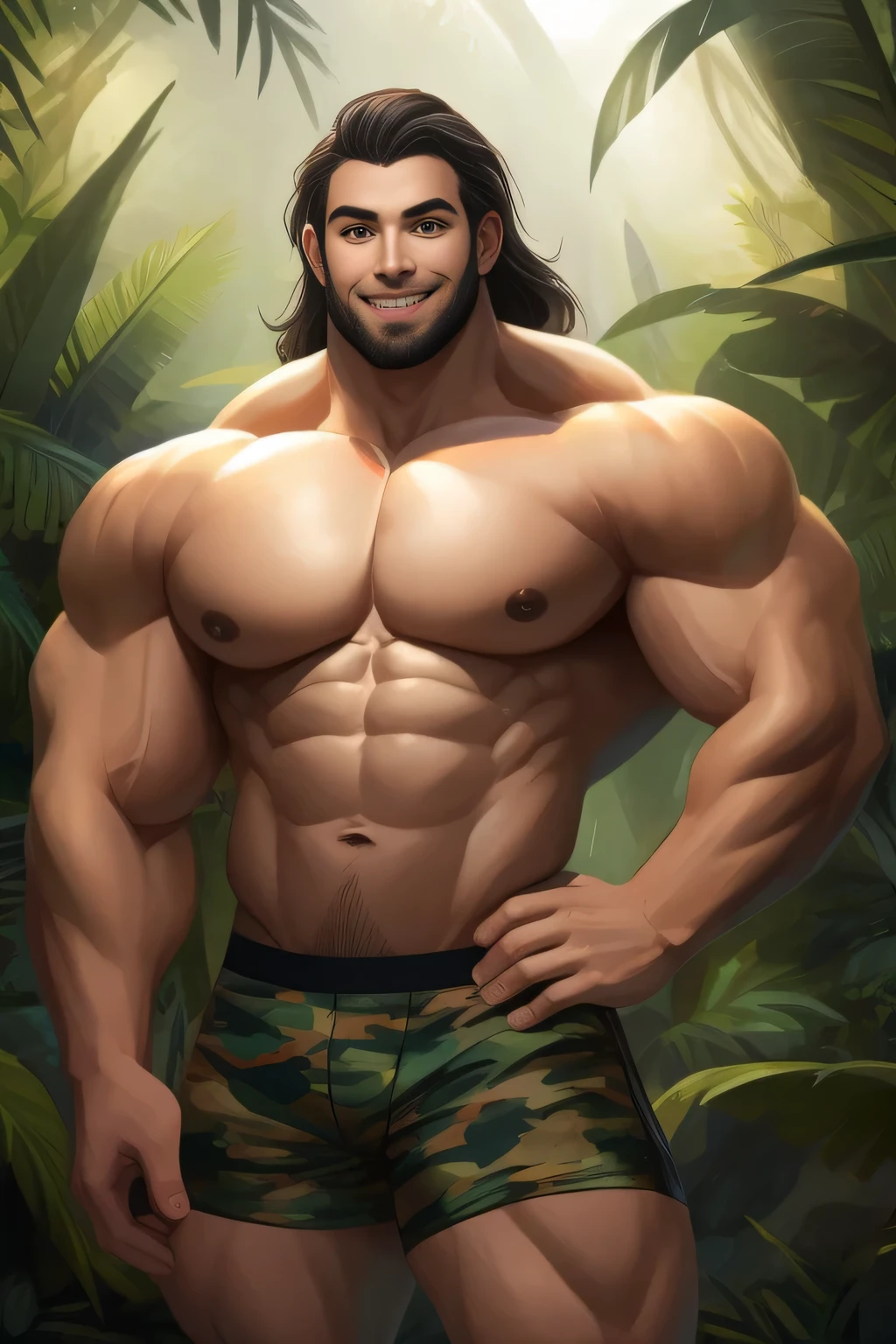 a man (human) in camouflage underwear posing for a picture, fantasy jungle, vascularity, john jude palencar, profile picture 1024px, natural contour aesthetics!!, insane smile, discord moderator, sub tropical, age 20, gains, rainforest, buttshape, wow!!!!!!, age 3 0, george kamitani, contrapposto