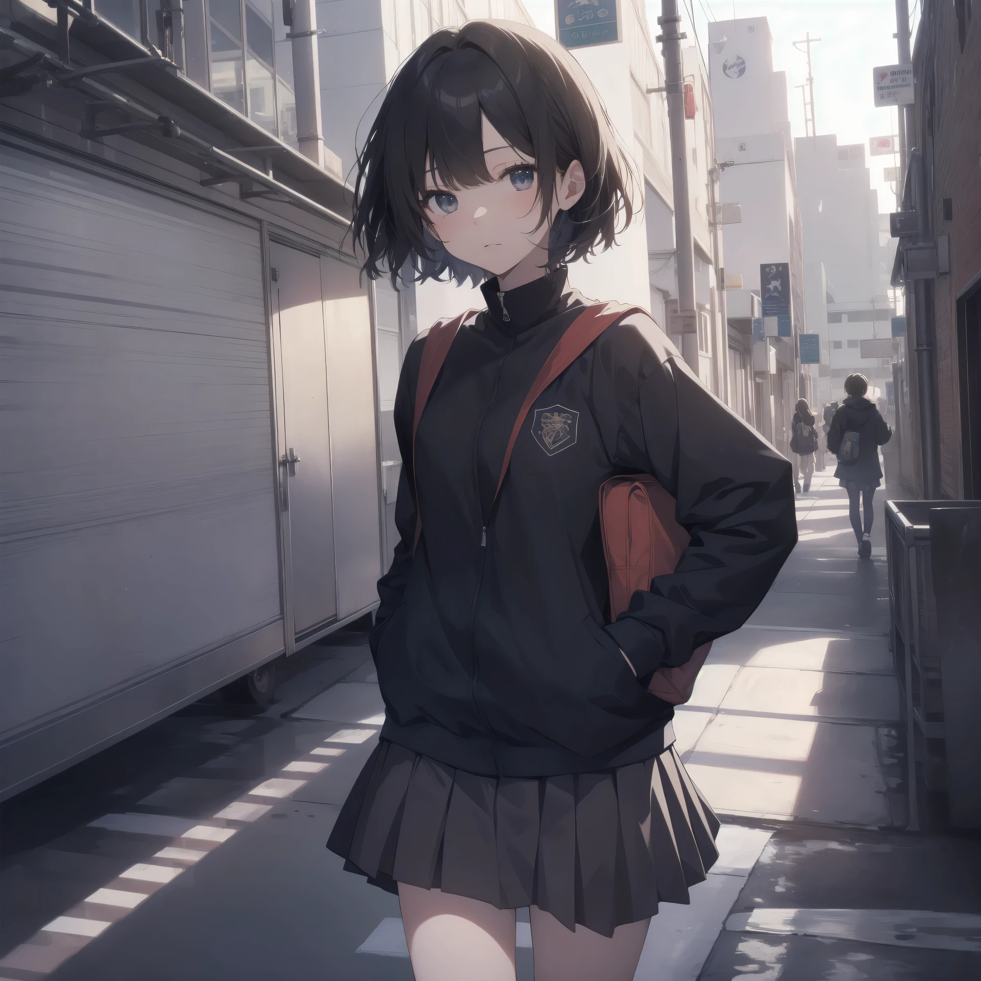 ultra-absurdres-Top quality by art God, ultra-detailed, high resolution, anime moe artstyle, best anime 8k konachan wallpaper, pixiv contest winner, perfect anatomy,break, (Please draw a girl walking sleepily to school alone. )break,1girl, (Solo,little female, 13-year-old:1.3),Full limbs, complete fingers,a junior high school student, Attractiveness of immature bodies, (very short hair), short cut, flat chest, , small butt, groin, small black eyes, beautiful detailed eyes, well-proportioned iris and pupils, expressive eyes, highres detailed hair, yawn, school_uniform, pleated skirt,(Detailed Lighting), (Detailed background), in the School commute route. break,super detailed skin, Best cinematic lighting powered by famous artist, 8k,beauty illustration,photoshop_(medium),absurdres highres,UHD,textured skin,break,((artist:lam)), artist:kantoku,artist:shinkai makoto,artist:sekiya asami,artist:fujiyama,