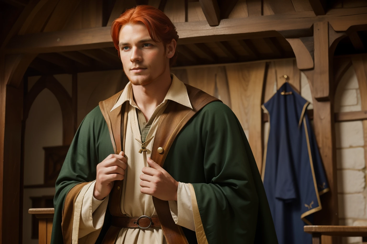 England, 1349. ((((33-year-old)) Merthin Fitzgerald)), handsome, athletic, ((hiding a smile)). ((((clothings from the 1340s)))), ((redhead hairstyle of the 1340s))