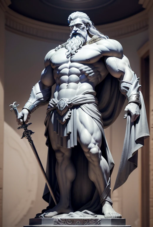 Standing gray statue of robust Zeus, God of thunder, deus grego, not Mount Olympus, Cabelo branco, corpo inteiro, maduro, poderia, fantasia, intrincado, elegante, altamente detalhado, Pintura digital, Artistic Station, arte conceitual, liso, sharp focus, olhando de lado em 8k