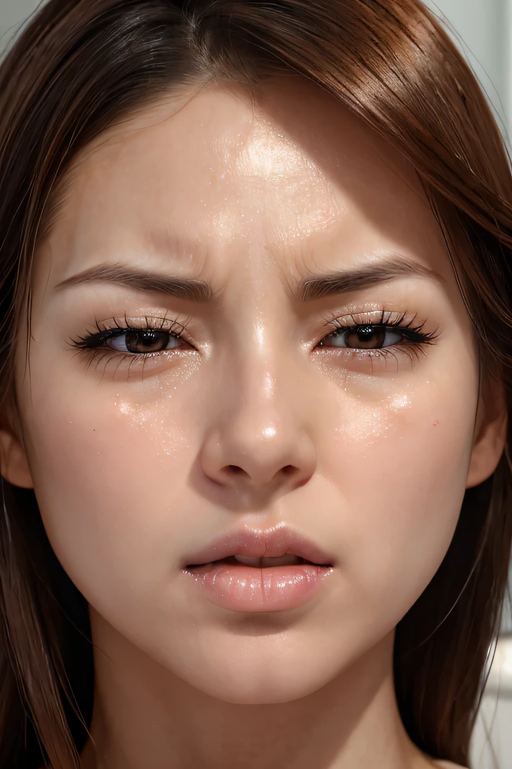 beautiful japanese,1 girl(masterpiece:1.2, highest quality), (realistic, photorealistic:1.4),, focus the eyes clearly, nose and mouth,face focus, super close up of face、 35 years old,black hair、symmetrical face,realistic nostrils、Angle from below、Elongated C-shaped nostril NSFW,(sharp nose)skin shining with sweat、shiny skin((thin eyebrows))oily skin、radiant glowing skin、double eyelid、Beautiful woman、medium hair,sharp nose（inside the elevator）((half-closed eyes,furrowed brow,frown,heavy breathing, moaning,heavy breathing,screaming, tearing up,scowl, saliva trail))((Drool is dripping from the corner of your lips.)),