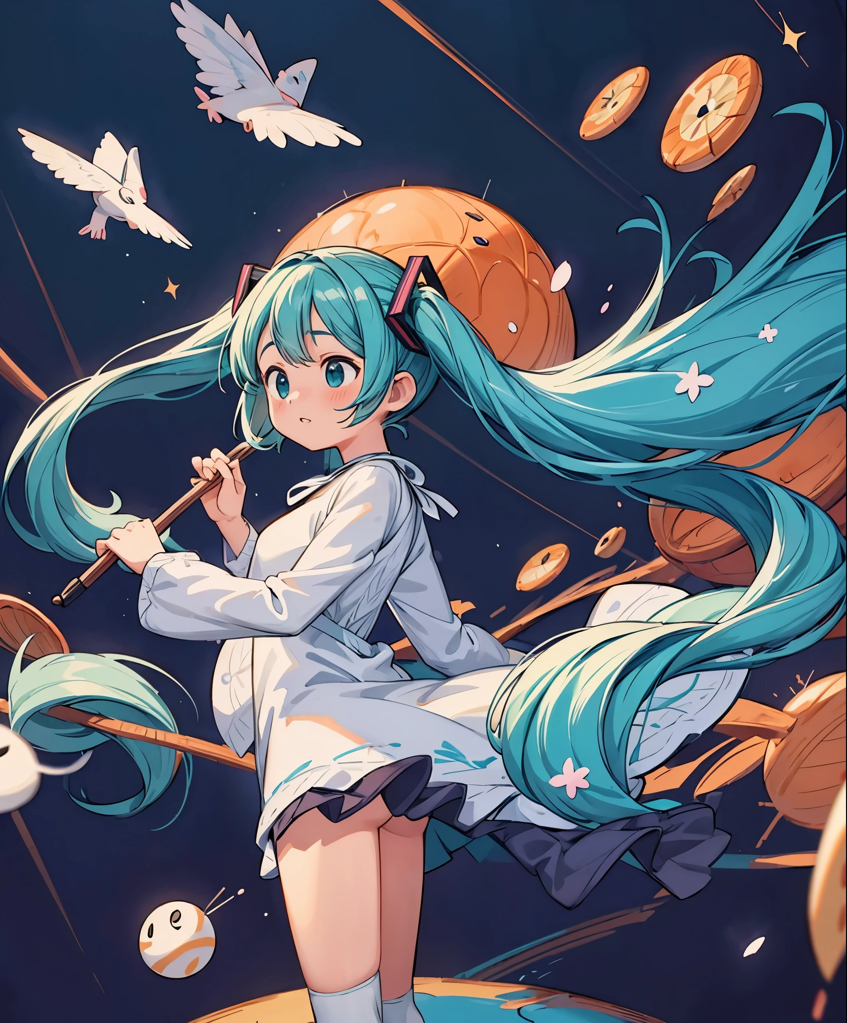 (masterpiece、highest quality、highest quality、official art、beautiful beautiful:1.2)、(1 girl:1.3)Hatsune Miku、twin tails,big breasts,table top, hire, cinematic lighting, sharpest focus, highest quality, Depth of the bounds written, Movie cover, particles of light, Bright colors.
girl on the front screen, play the violin, her hair is floating in the air, dynamic hair, majestic hair, Music Note Dress, orchestra, musical notes flowing in the air, A circle of magical notes surrounding a girl, bright eyes, more_detailed:1.5, unusually long hair, full body