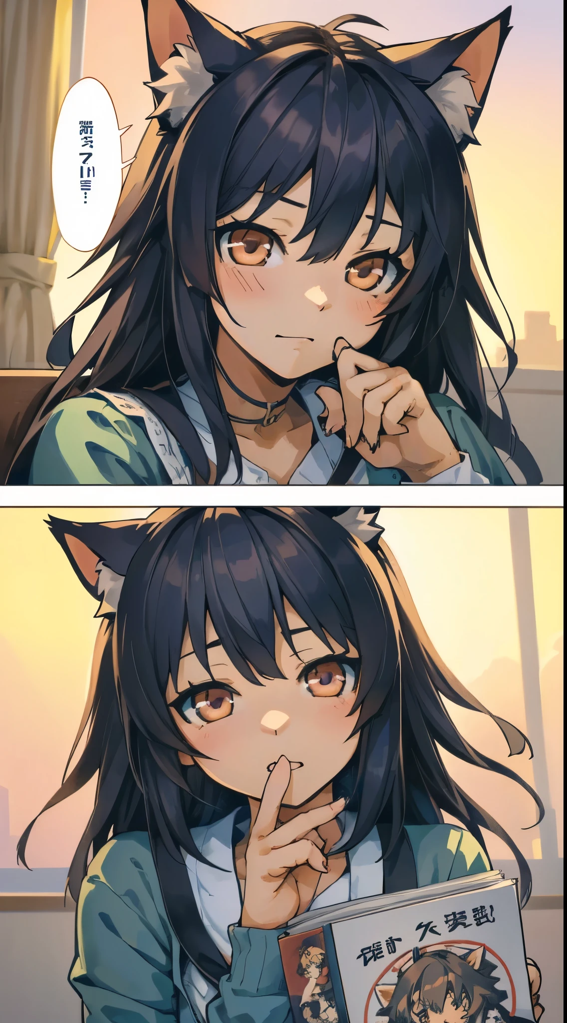 (Masterpiece, best quality), detailed, a couple of comics, (1boy, wolfboy, detailed face, short detailed hair), (1girl, catgirl, detailed face, detailed long hair), full of details, manga page, doujin, ddlc, anime, manga panel