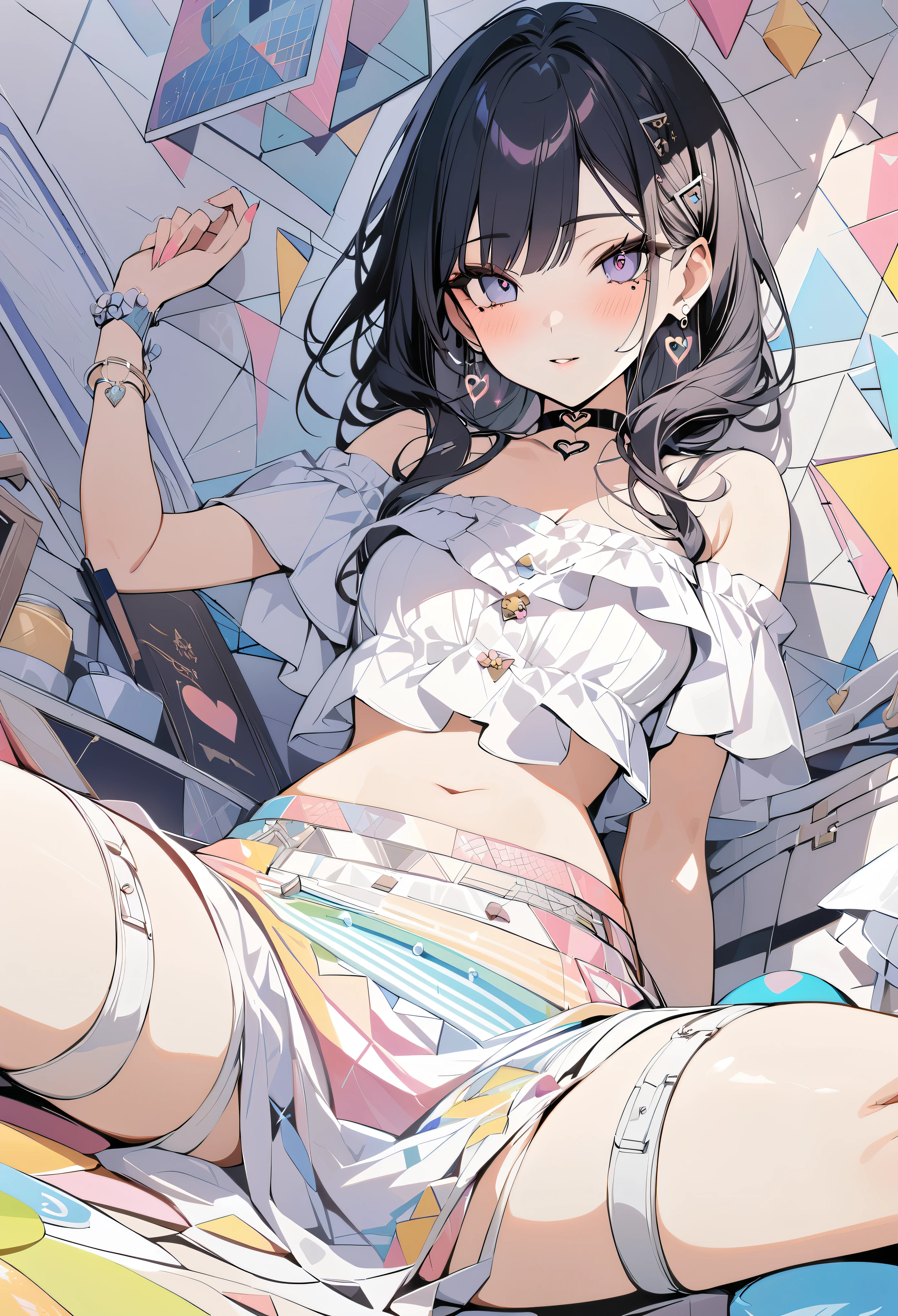 ,beautiful flower々),mole under eye, heart shaped choker, (masterpiece, highest quality), official art, beautiful and aesthetic: 1.2), (1 girl), very detailed, (geometry art: 1.3), colorful