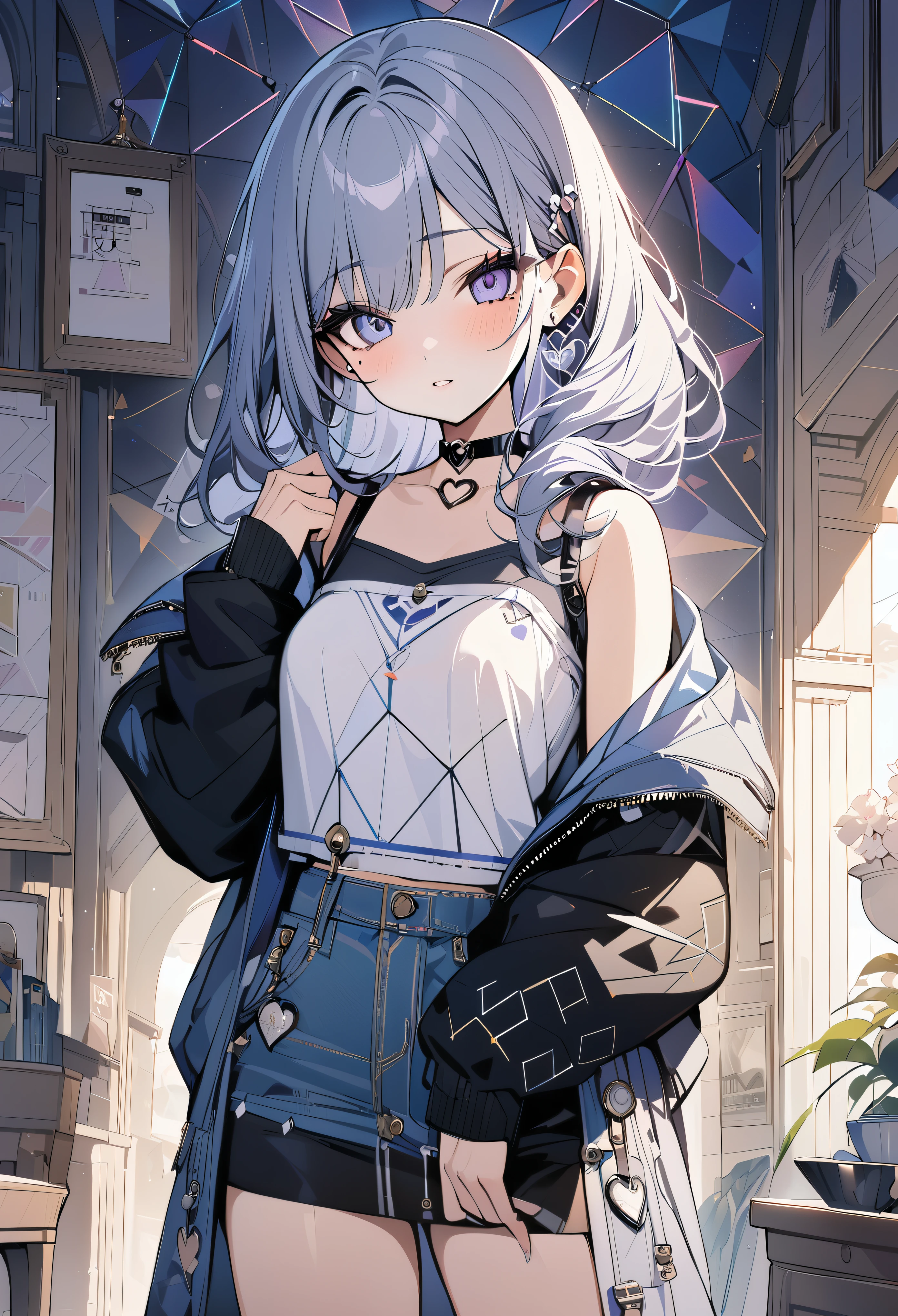 ,beautiful flower々),mole under eye, heart shaped choker, (masterpiece, highest quality), official art, beautiful and aesthetic: 1.2), (1 girl), very detailed, (geometry art: 1.3), colorful