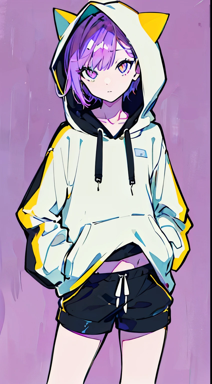(masterpiece, highest quality:1.6), alone, thick outline, (simple background, bright purple background, monochrome, Bright yellow theme:1.2), official art, Key Visual, 8k, confused, whole body, (unique hair, oversized hoodie, hot pants, arch back, short torso:1.2), belly button, thighs, cowboy shot, HDR, sharp focus, High resolution, most detailed, very detailed, Super detailed, finely, detailed eyes and face, sharp pupils, realistic student, alone, yellow and purple contrast