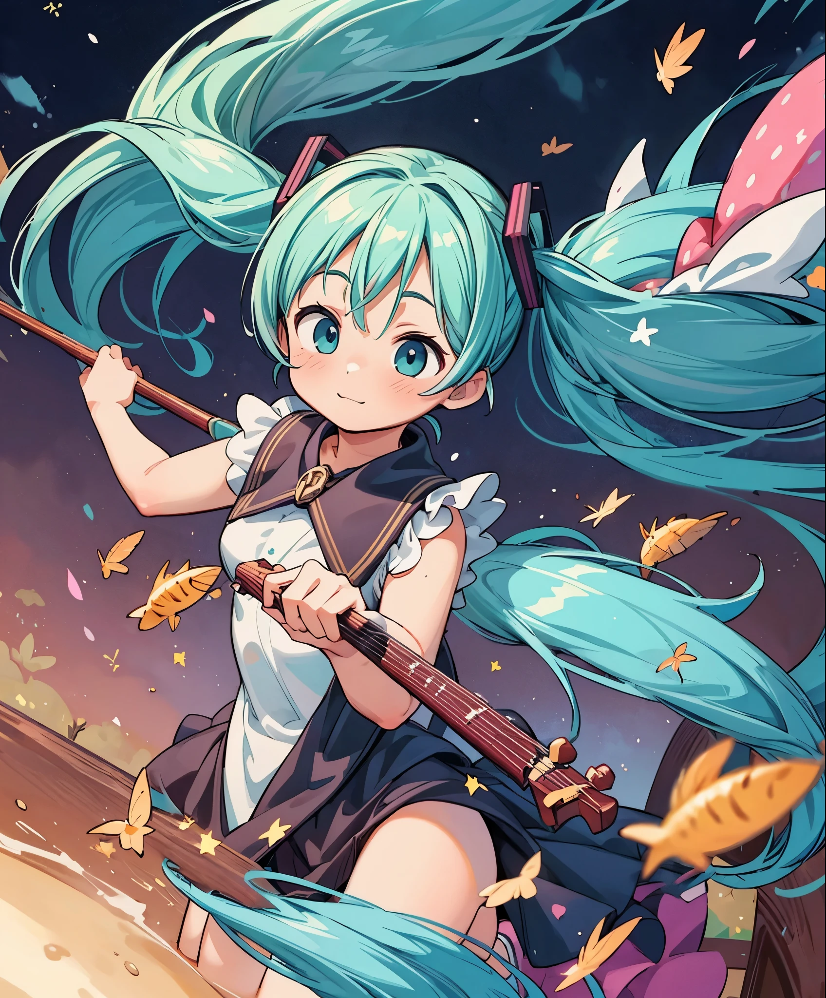 (masterpiece、highest quality、highest quality、official art、beautiful beautiful:1.2)、(1 girl:1.3)Hatsune Miku、twin tails,big breasts,table top, hire, cinematic lighting, sharpest focus, highest quality, Depth of the bounds written, Movie cover, particles of light, Bright colors.
girl on the front screen, play the violin, her hair is floating in the air, dynamic hair, majestic hair, Music Note Dress, orchestra, musical notes flowing in the air, A circle of magical notes surrounding a girl, bright eyes, more_detailed:1.5, unusually long hair, full body