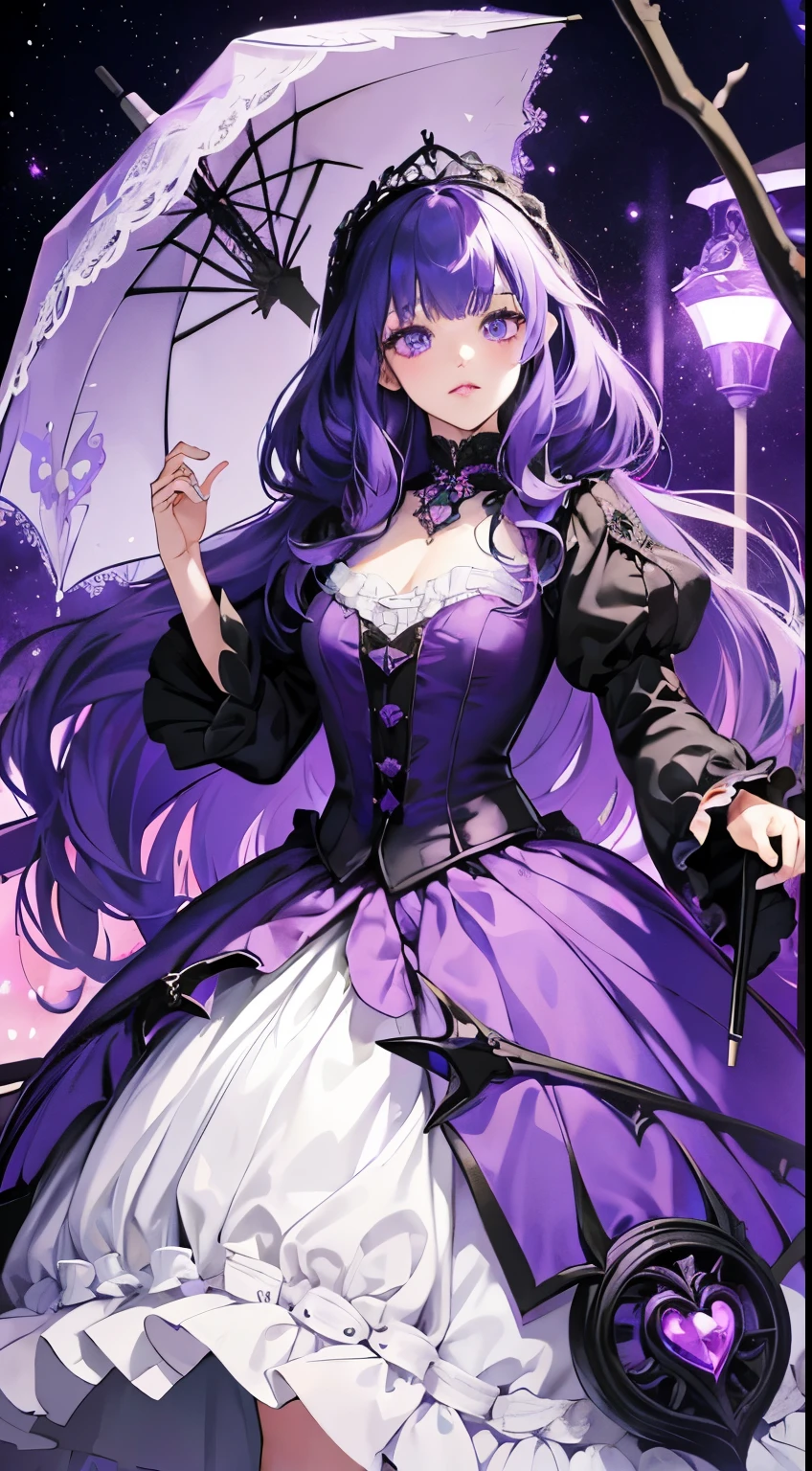 Anime girl in purple skirt holding umbrella in dark room, Moon themed clothing, fantasy costumes, rococo cyberpunk, Elegant Gothic Princess, black and purple clothing, gothic shoujo anime girl, Astral Witch Clothes, lolita fashion, ((beautiful fantasy queen)), Charming hypnotic woman, Dress up in dreamy formal attire, lulua workshop, fairy tale core, I'm going
