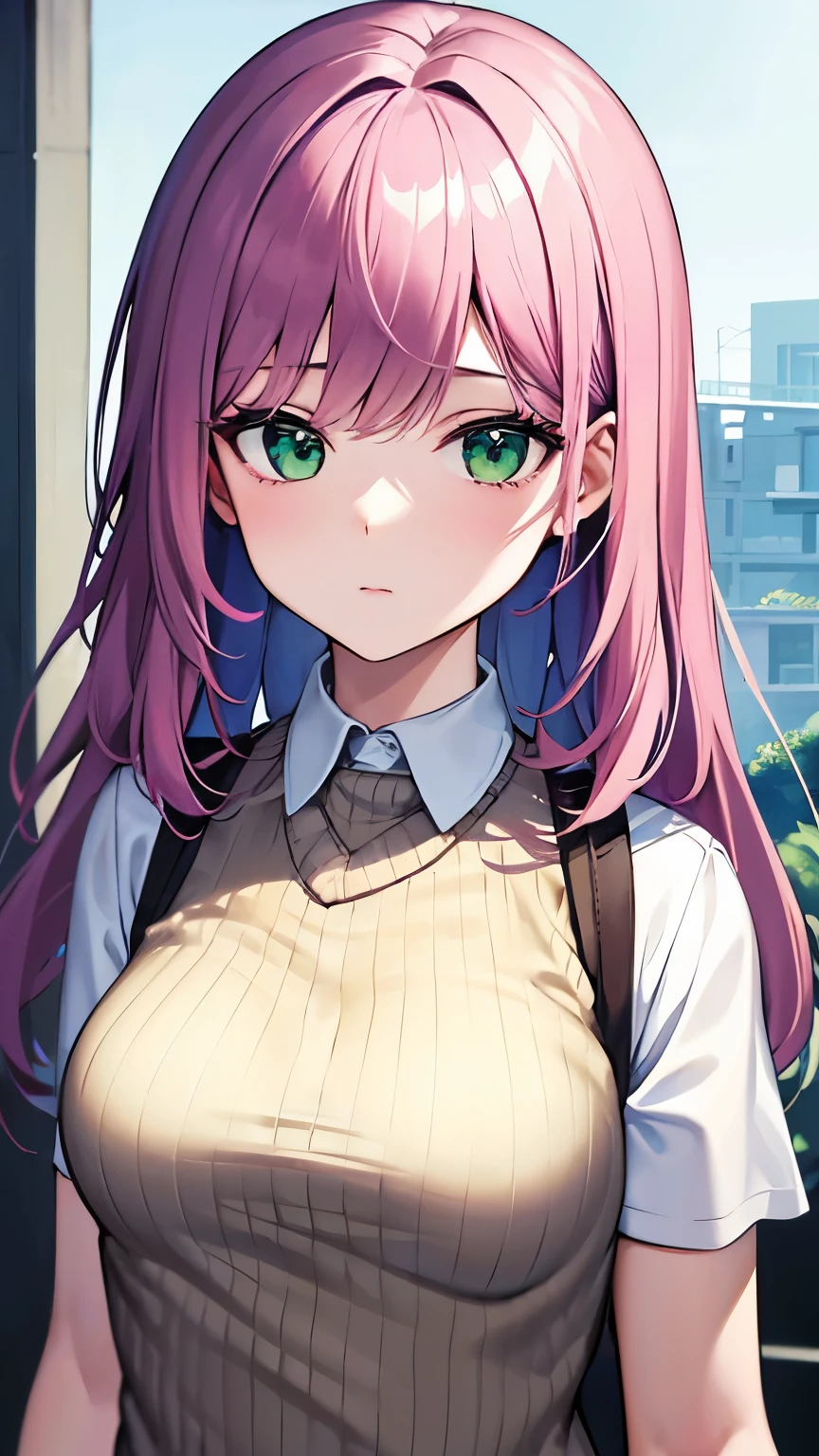 best quality, super fine, 16k, incredibly absurdres, extremely detailed, intelligent beauty, No expression, ivory medium hair, wearing high school summer uniform, dull ivory knit vest, green eyes, superlative body proportion, BREAK , background variety of visual styles that combine various artistic elements like a sparkling iridescent pastel and vivid colors