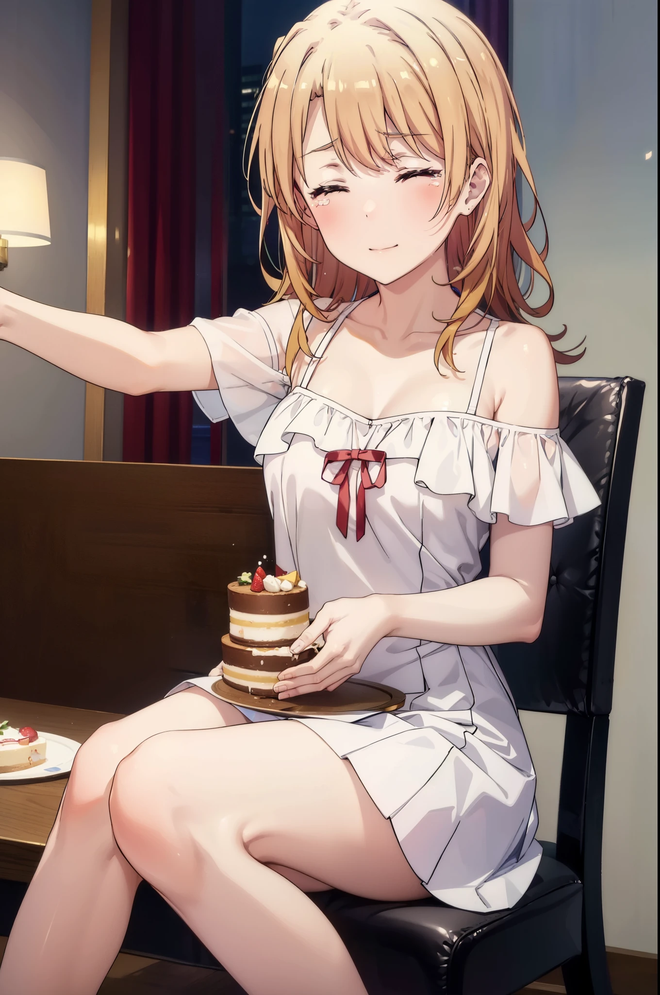 irohaisshiki, iroha isshiki, long hair, brown hair, smile,blush,open your mouth,close both eyes,tears run down her face,Crying with joy,cry a lot,white off shoulder dress,bare clavicle,bare shoulders,naked neck,long skirt,stiletto heels,A large cake, food, and ring case are placed on the table.,sitting in a chair,confetti,ロマンチックな雰囲気
break indoors, A restaurant with a beautiful night view,
break looking at viewer,
break (masterpiece:1.2), highest quality, High resolution, unity 8k wallpaper, (figure:0.8),  highly detailed face, perfect lighting, Very detailed CG, (perfect hands, perfect anatomy),