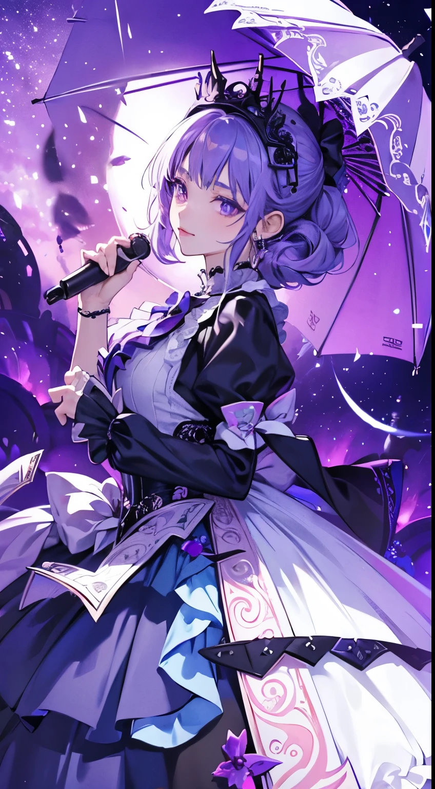 Anime girl in purple skirt holding umbrella in dark room, Moon themed clothing, fantasy costumes, rococo cyberpunk, Elegant Gothic Princess, black and purple clothing, gothic shoujo anime girl, Astral Witch Clothes, lolita fashion, ((beautiful fantasy queen)), Charming hypnotic woman, Dress up in dreamy formal attire, lulua workshop, fairy tale core, I'm going