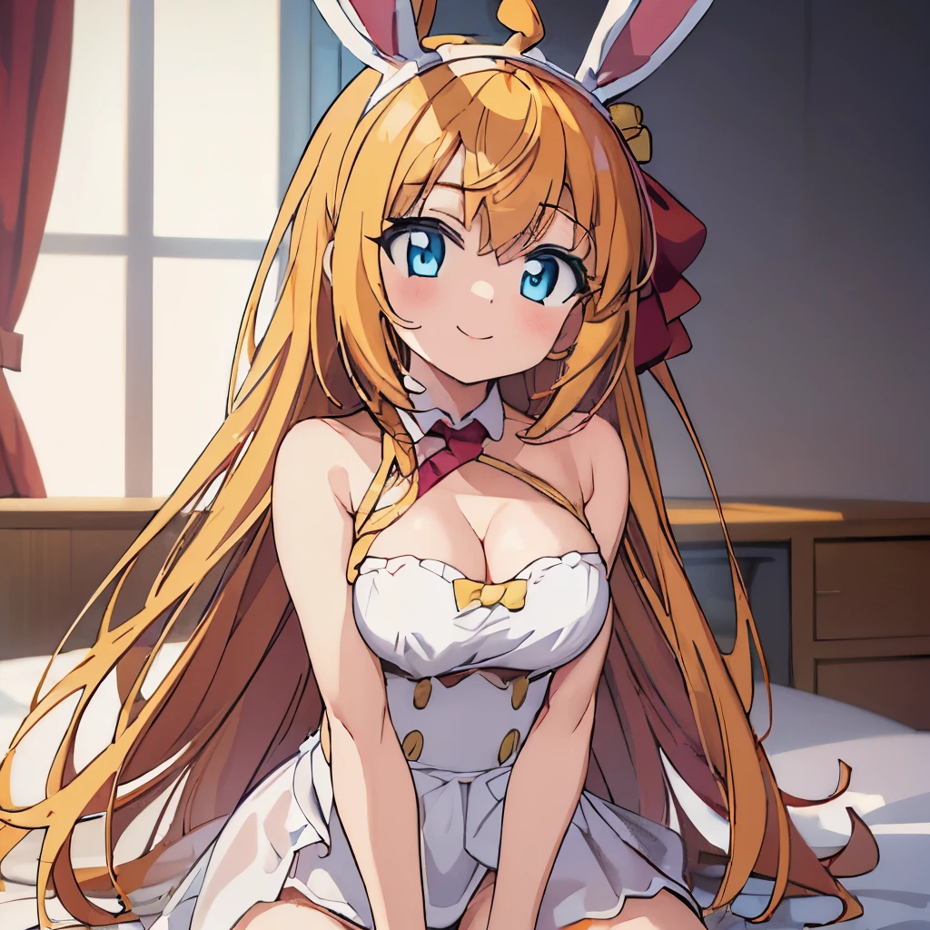 ((muste piece)), ((best quality)), (Super detailed), anime style etc.,peeing on the bed, pretty girl, 1 girl, solo, ((beautiful eyes)), shy smile,  small breast, bunny girl00