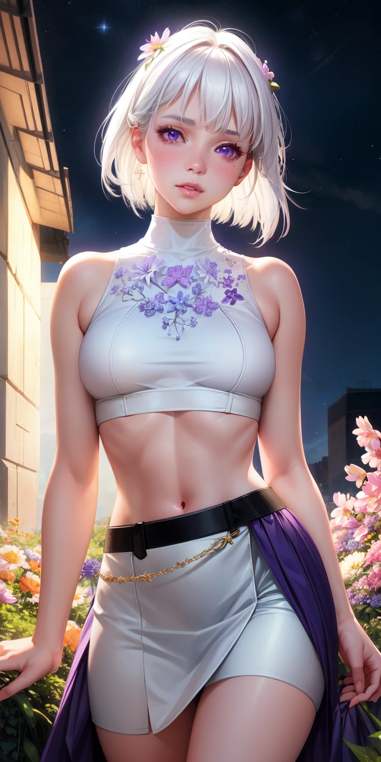 realistic, 1girl, white hair, purple eyes, glowing eyes, crop top, skirt, parted lips, blush, night, flowers, sun, sunlight,