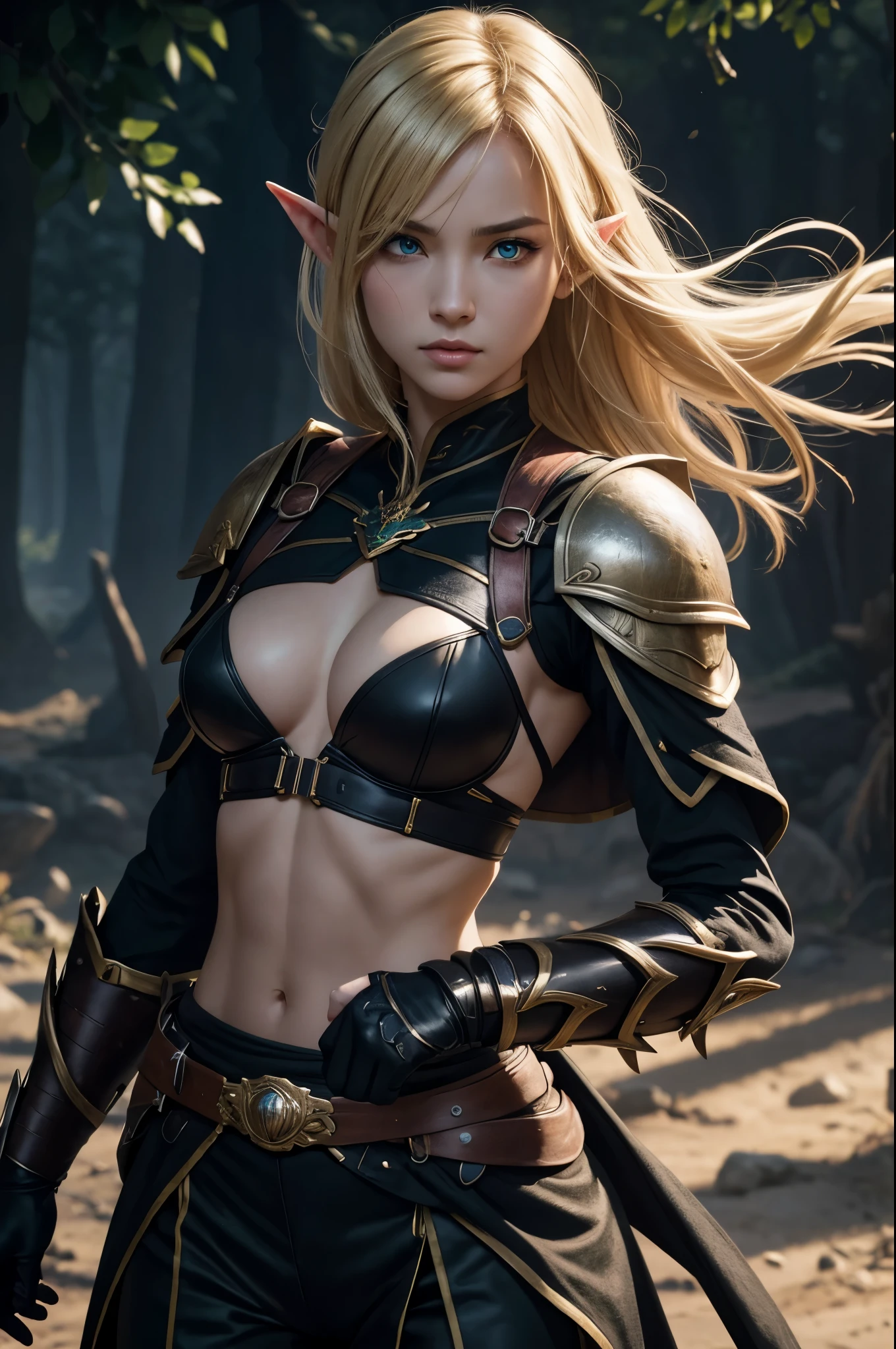 8K,An elf woman who is the vice-commander of the Knights of the Brave.,Super beautiful(like the real thing),green eyes,elf ears,blonde straight hair,muscular slim body,strongly cracked abdominal muscles,luxurious black exterior,luxury black combat pants,anger,long slit eyes,masterpiece,Photorealistic RAW photos of the highest quality。bright colors,rich colors, Backlight, cinematic lighting, film grain, to be born, 50MM lens, Nikon D850,realistic skin,fantasy art,character art,ultra high resolution,realistic scale skin,Perfect hand shape,view audience,beautiful expression,comb one&#39;s hair,very small breasts,豪華な黒いvery small breastsの胸鎧,luxurious black shoulder armor,luxury black gauntlets,luxurious black waist armor,luxury black leg armor,view audience,thin chest plate,perspective from above,Close-up,sharp gaze,Dynamic action scenes,Forms of anger,stand on the battlefield,fighting pose,battle in the wilderness,