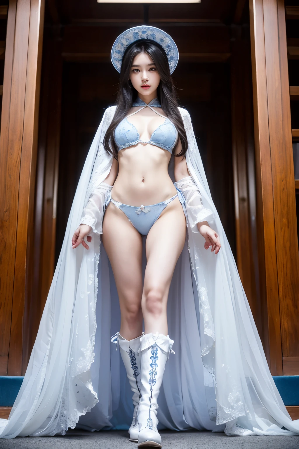 beautiful and delicate woman,The details of the eyes and face are very rich, exquisite eyes, super detailed, High resolution, The content is very detailed,best quality,EnLightenment,Unite,8k wallpaper,masterpiece,best quality,imagine,1 girl,China costume, Wear sexy blue bikini armor,metal style, big breasts, high-cut underwear, 盔甲有圖案metal style的, Big blue priest cloak,priest hat,standing posture,long legs,Put on powder blue and white boots,look at the audience,Face the audience,flowing long hair,Surreal 8000g,Impeccable,masterpiece,professional artwork,famous artwork,Light,movie bloom,perfect face,pretty face,fantasy,Dreamy and magical,not real,intricate details,Exquisite pattern…Korean woman’s face
